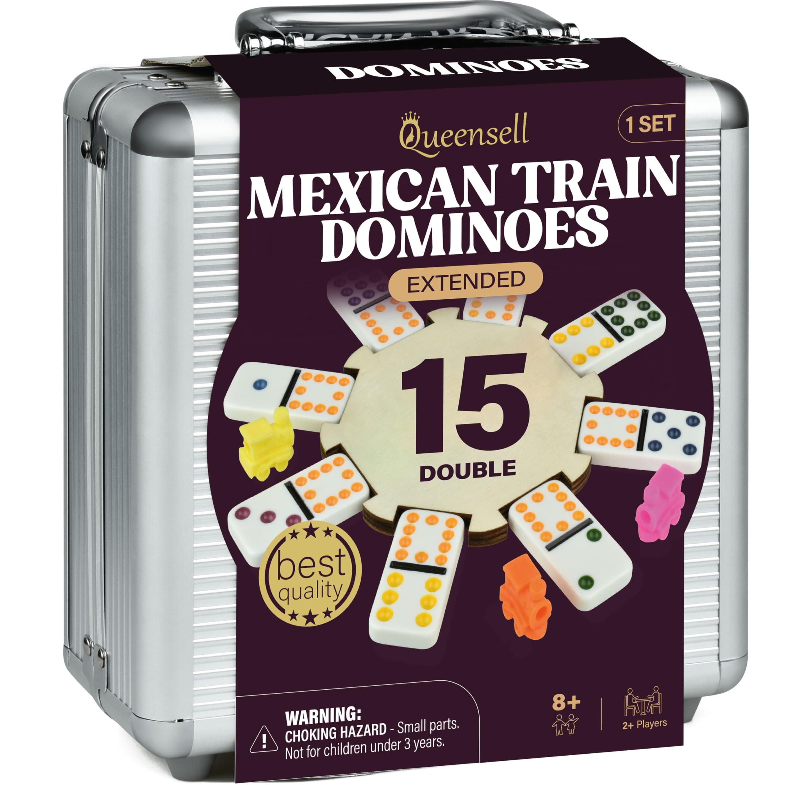 Mexican Train Dominoes Set Double 15 for Adults and Family, Mexican Train Double 15 Dominoes Set Colored Dot - 136 Tiles, 9 Trains, Wooden Hub, Aluminum Case (Double 15)