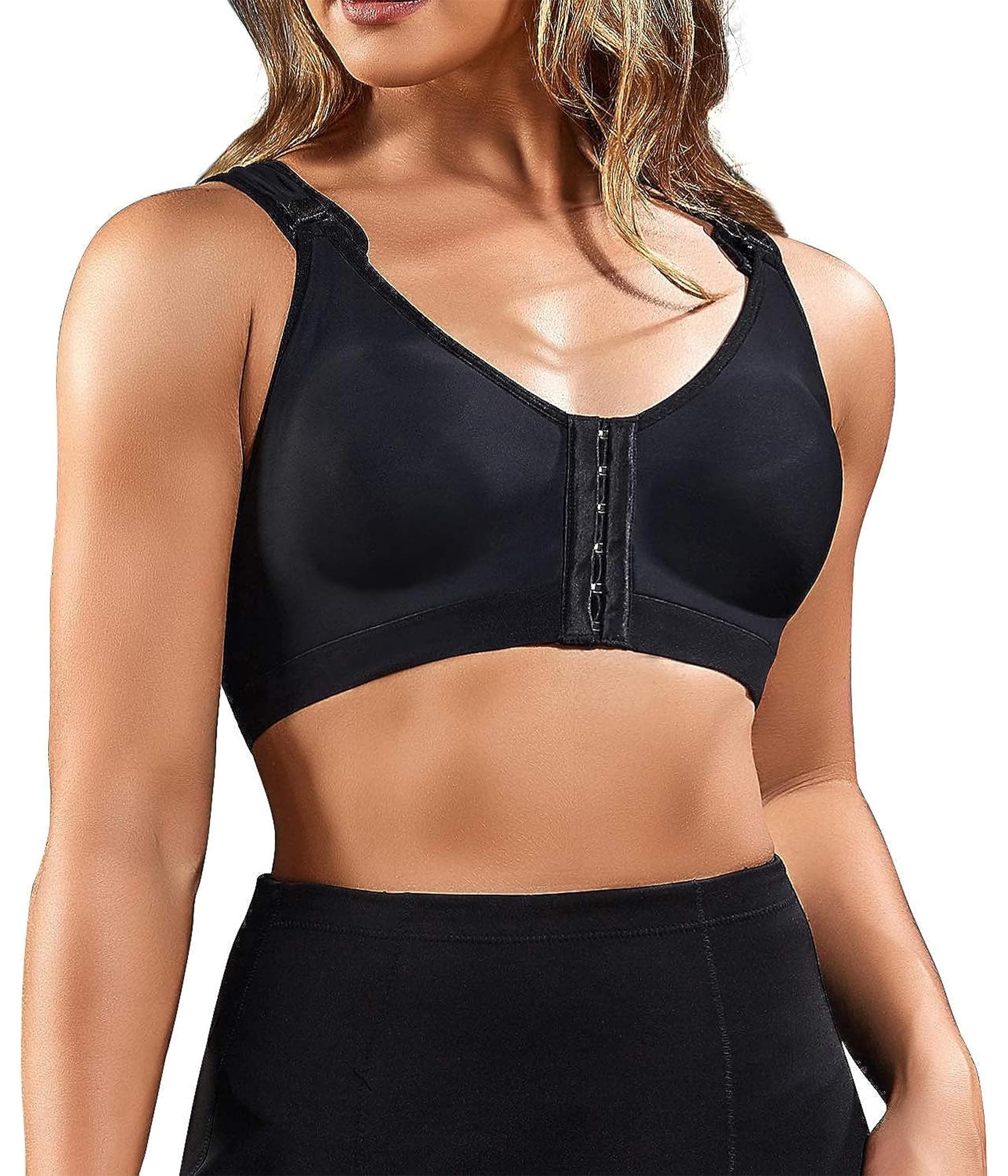 BRABIC Women Post-Surgical Sports Support Bra Front Closure with Adjustable Straps Wirefree Racerback (Black, 2XL (fit for 40B 40C 42A 42B))