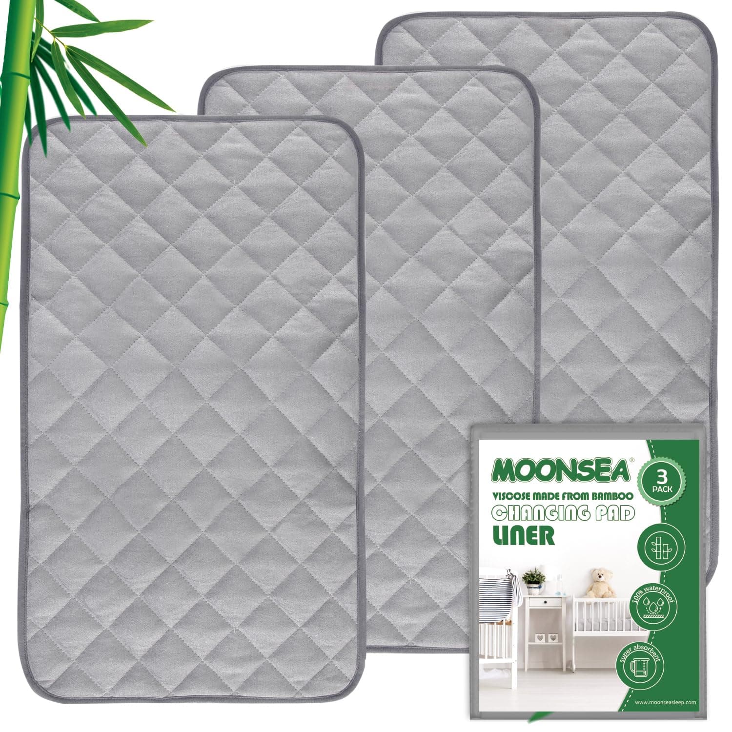MoonseaDiaper Changing Pad Liner, Bamboo Terry Waterproof Changing Pad Mat, Quilted Absorbent Bassinet Liner Washable, 3 Pack Large 14"x 27" Reusable Changing Table Pad Protector Grey
