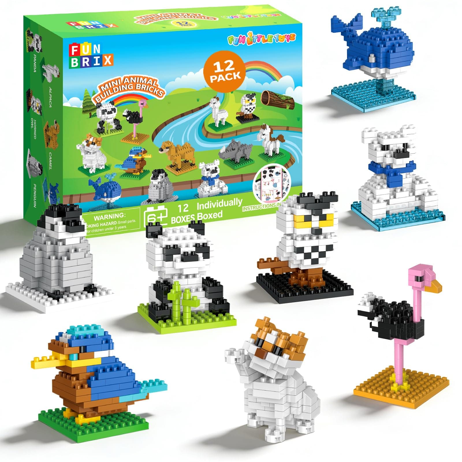 Mini Animal Building Blocks 12 Pack, No Duplicates, Individually Boxed with Instructions, Party Favors for Kids 6-12, Classroom Prizes & Prize Box Rewards, Goodie Bag Stuffers, Easter Egg Fillers