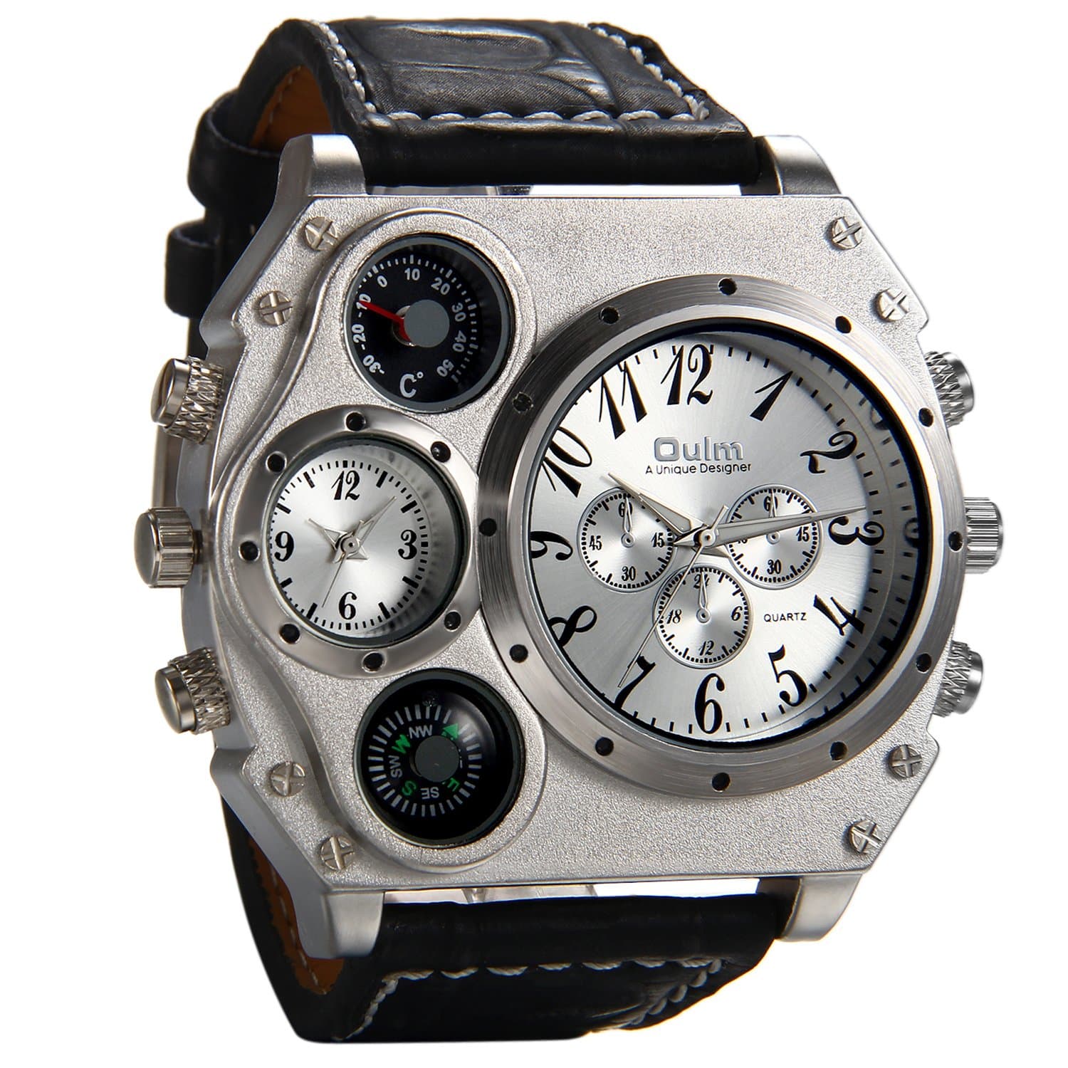 Mens Big Face Watch, Dual Time Zone Leather Strap Sport Watch, Analog Quartz Wrist Watch with Decorative Compass Thermometer Dial