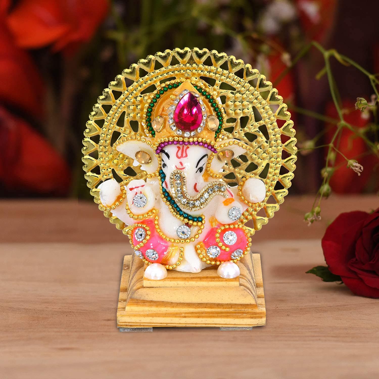 UniqueArt White Stone God Ganesha Statue on Wooden Chowki with Beautiful Chakra (4x3x4 Inch, Multi)