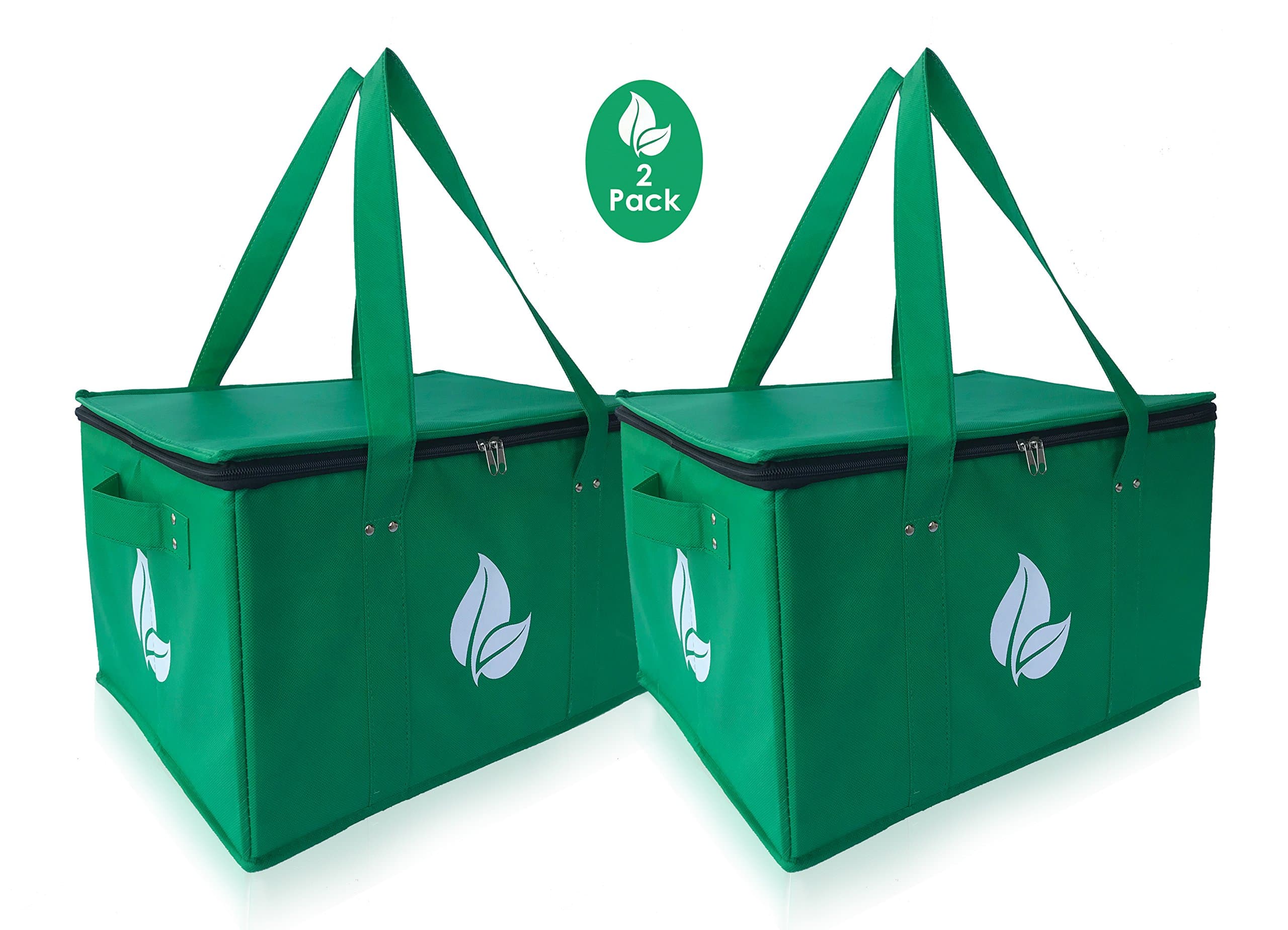 Insulated Reusable Grocery Shopping Box Bag Extra Large Deluxe Set Stands Upright with REINFORCED BOTTOM AND SIDES Zipper Top Lid in Eco Green Color (Set of 2)
