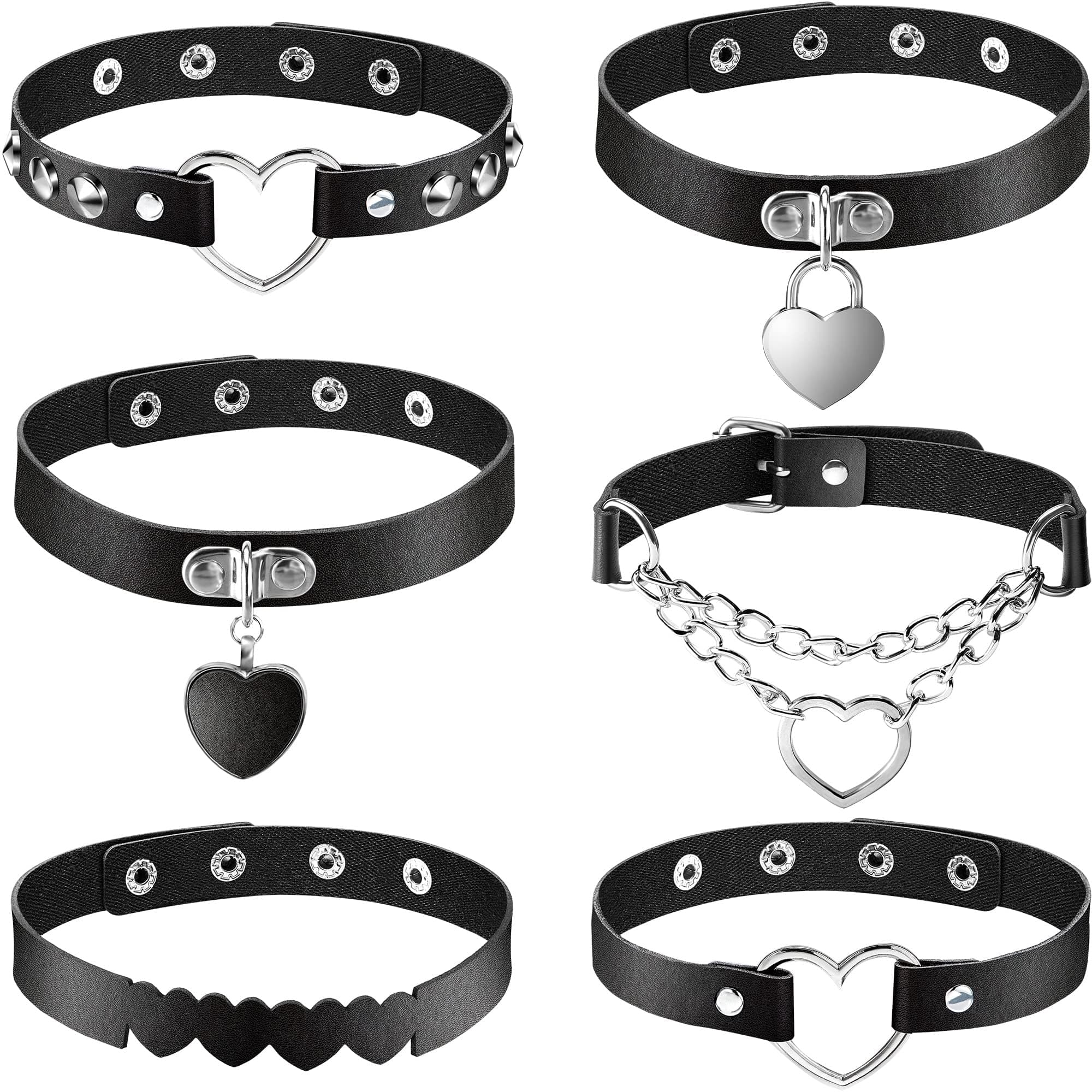 6 Pieces Halloween Heart Shaped Theme Leather Choker Punk Goth Choker Adjustable PU Leather Collar Set(Black)