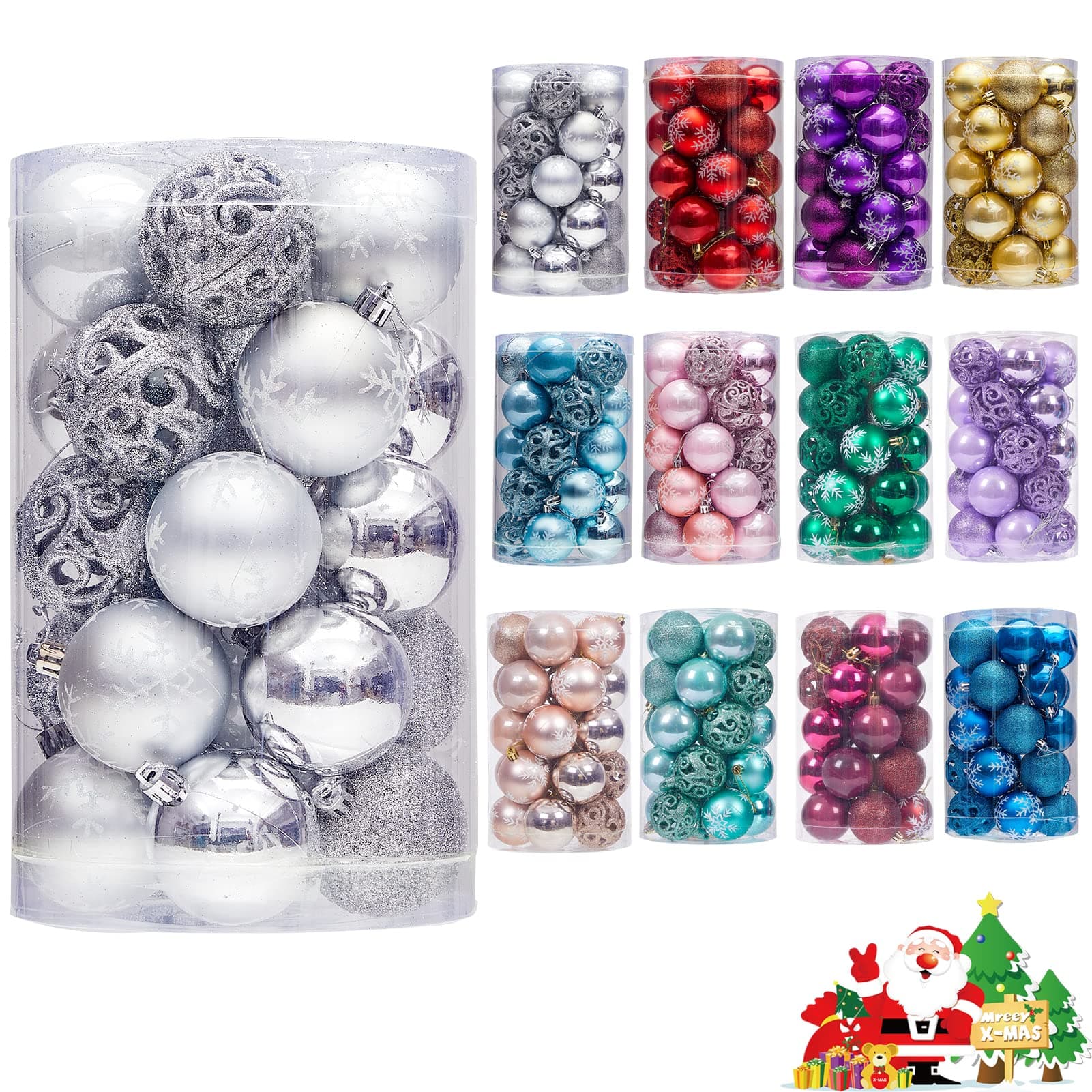Luxury Christmas Balls Ornaments Shatterproof 5 Finish-Shiny,Matte,Glitter,Matte Paint and Hollow ,2.36",60 mm Silver