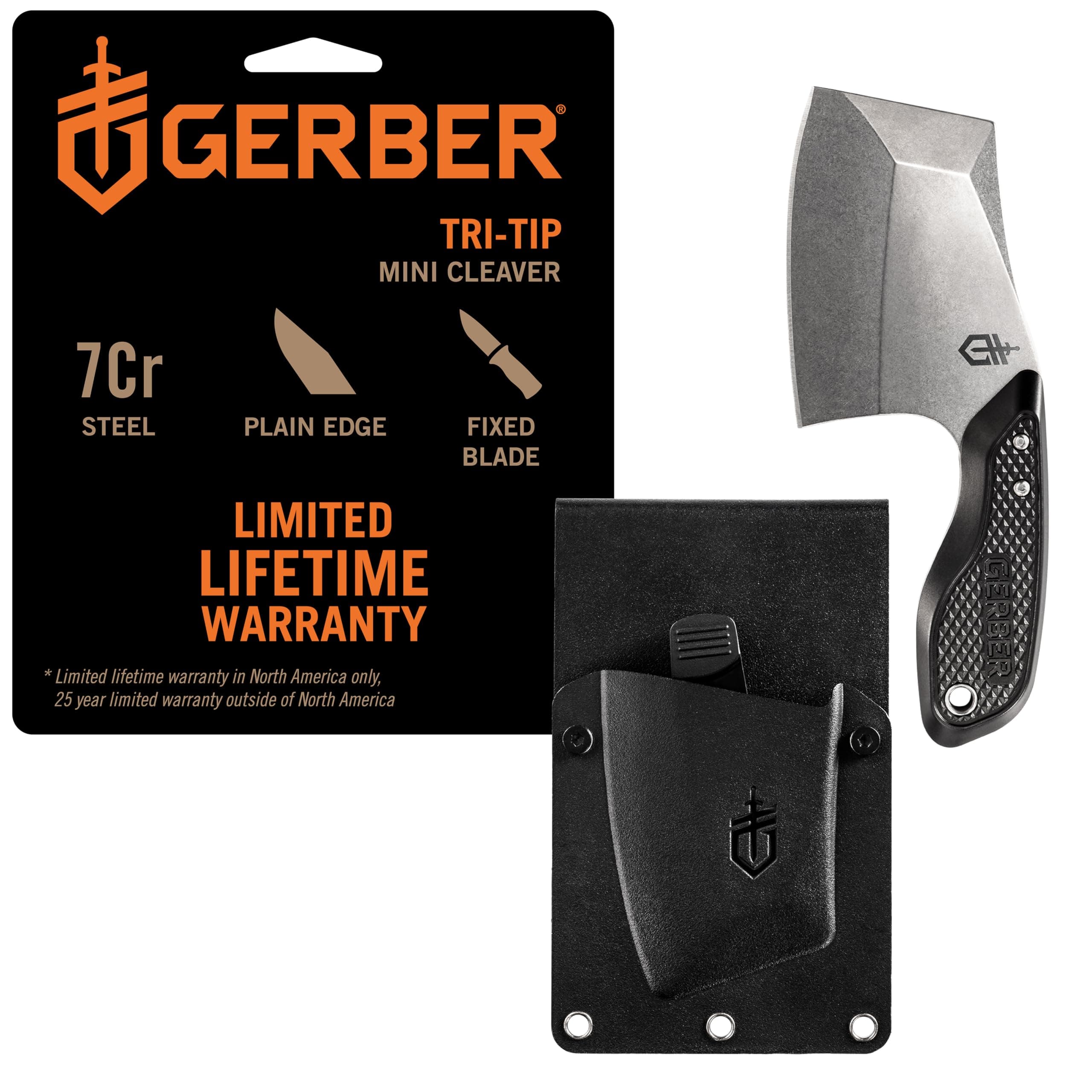 Gerber Gear TRI-Tip Mini Cleaver Fixed Blade Camping Knife with Molle Sheath for Survival and Bushcrafting, Black
