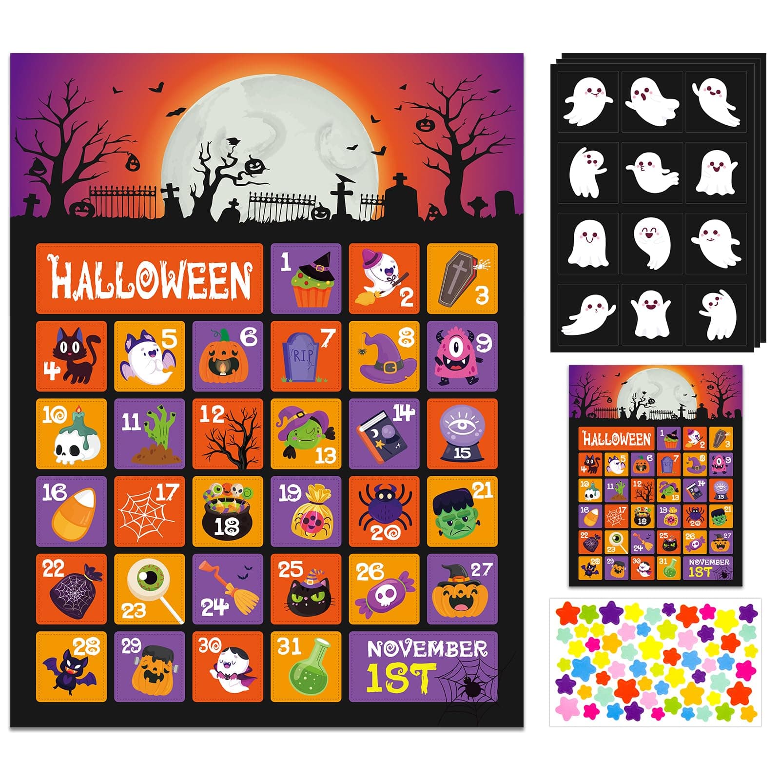 D4DREAM 2025 Happy Halloween Advent Calendar 20"x 26.5" Countdown to Halloween Calendar for 31 Days Gifts Scary Countdown Calendar Poster with Ghost Stickers for Halloween Haunted House Decorations