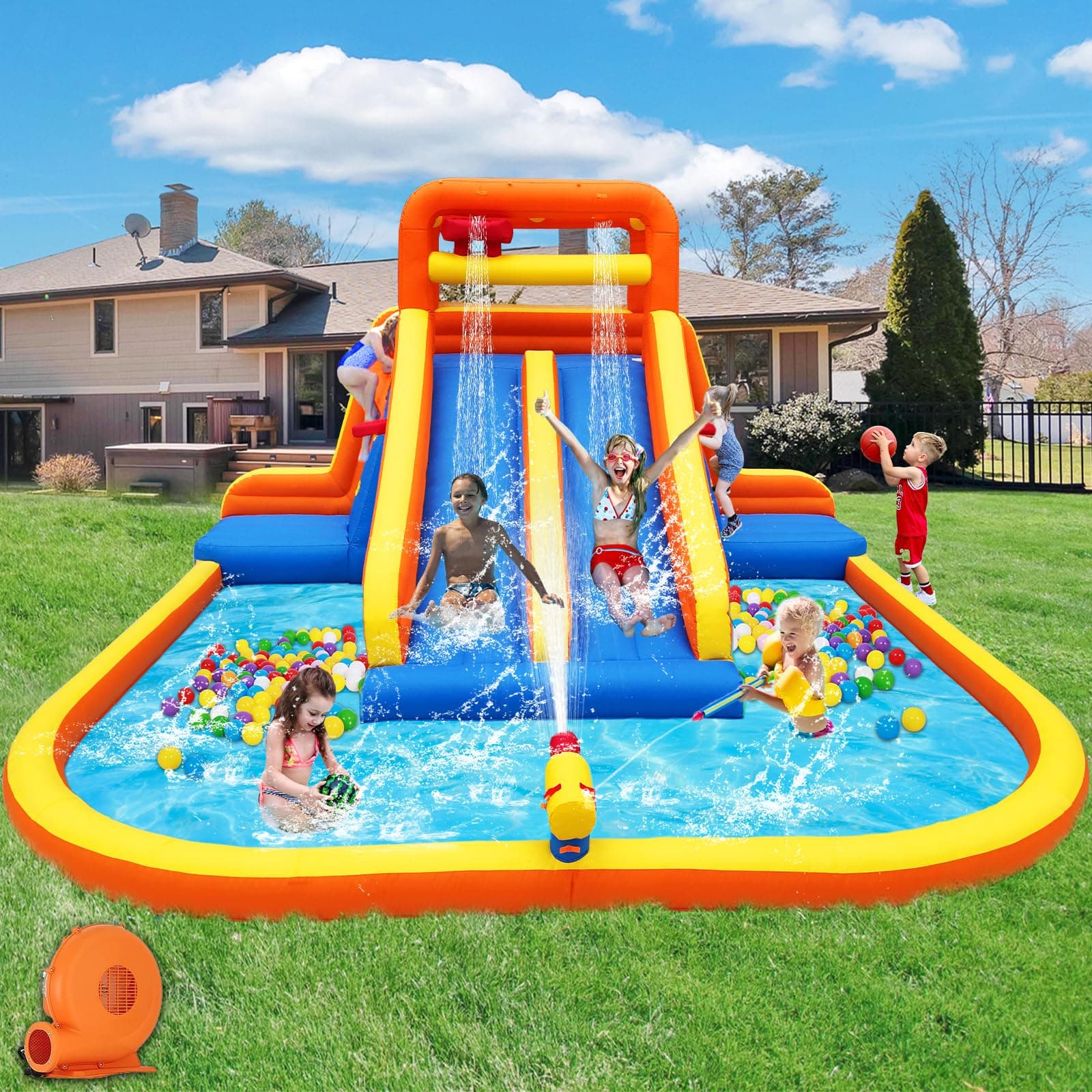 Inflatable Water Slide, Mega Bounce House Water Park with Long Dual Slide, 2 Climbing Walls, 2 Basketball Hoops, Large Splash Pool, 15.6 x 15 x 8.7FT Blow up WaterSlides with Blower