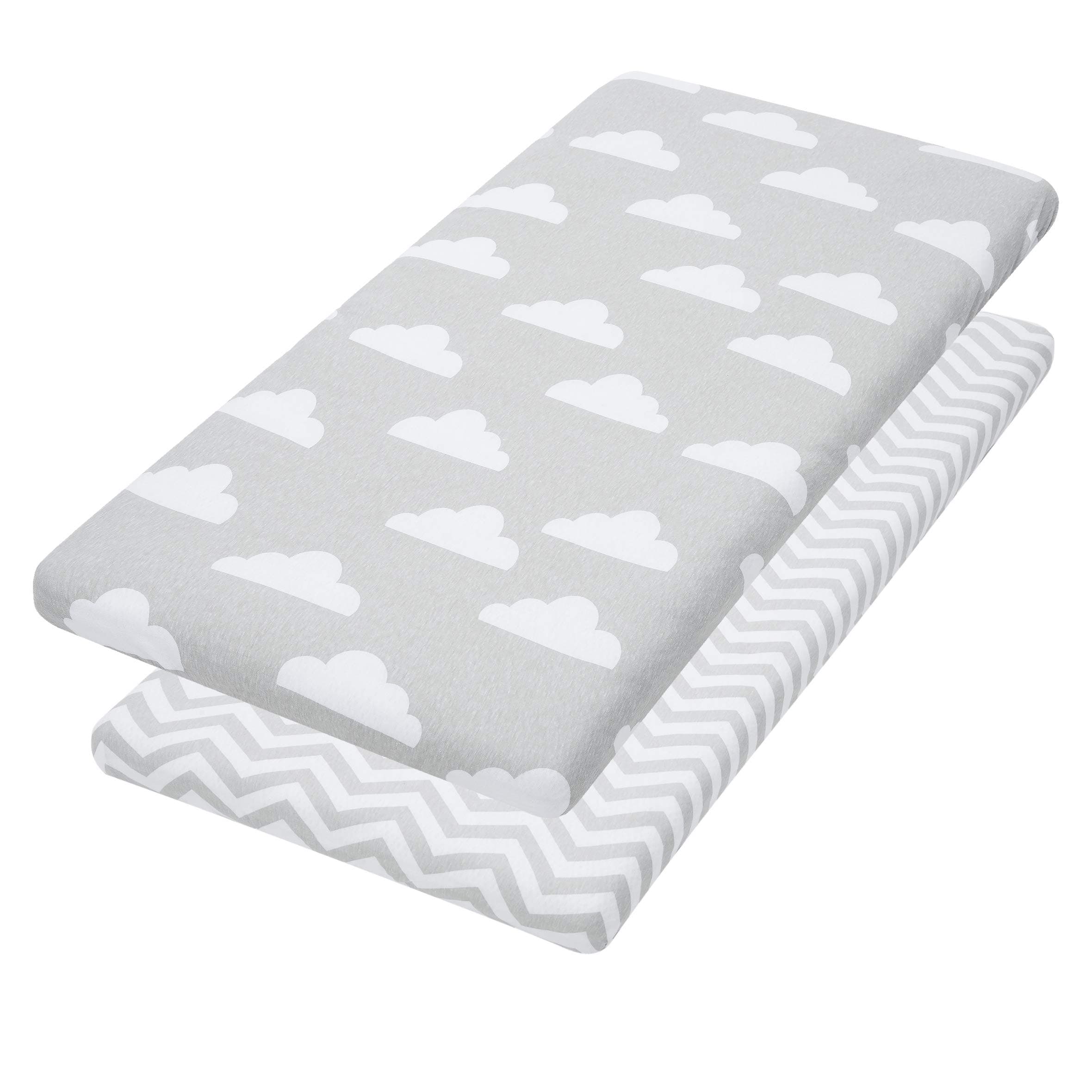 Leakproof Bassinet Sheets, 2 Pack Clouds & Chevron Fitted Cotton Cradle Bedding