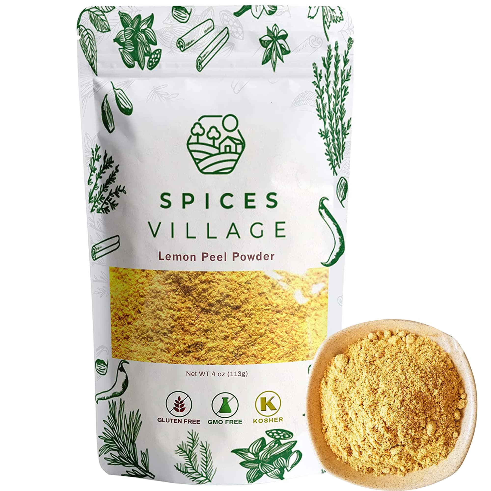 SPICES VILLAGE Lemon Zest Powder, Natural Lemon Peel Powder for Baking, 4 oz, Cooking and Herb Tea - Certified Kosher, Gluten Free, Non GMO, Vegan, Resealable Bag