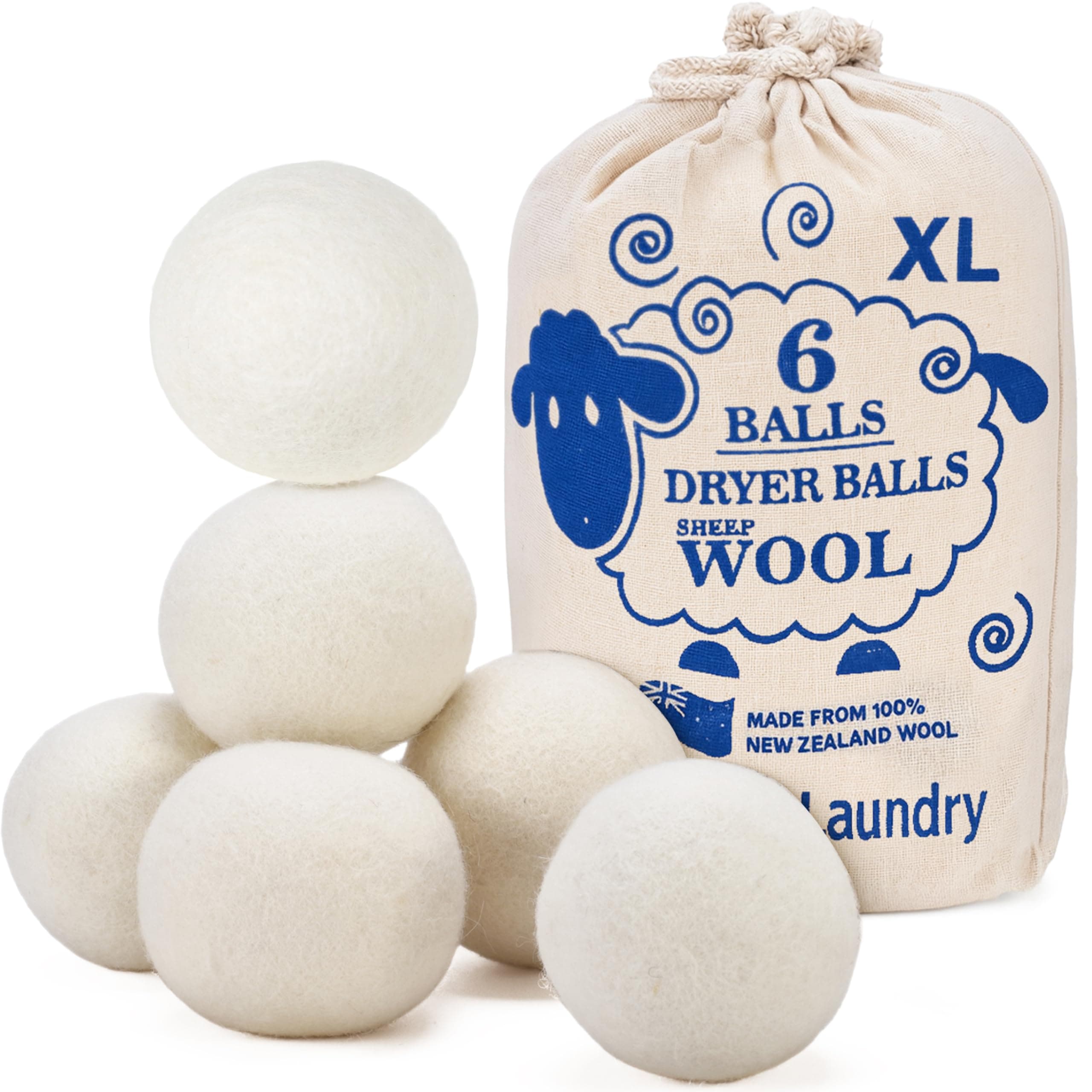 Wool Dryer Balls - Natural Fabric Softener, Reusable, Reduces Clothing Wrinkles and Saves Drying Time. The Large Dryer Ball is a Better Alternative to Plastic Balls and Liquid Softener. (Pack of 6)