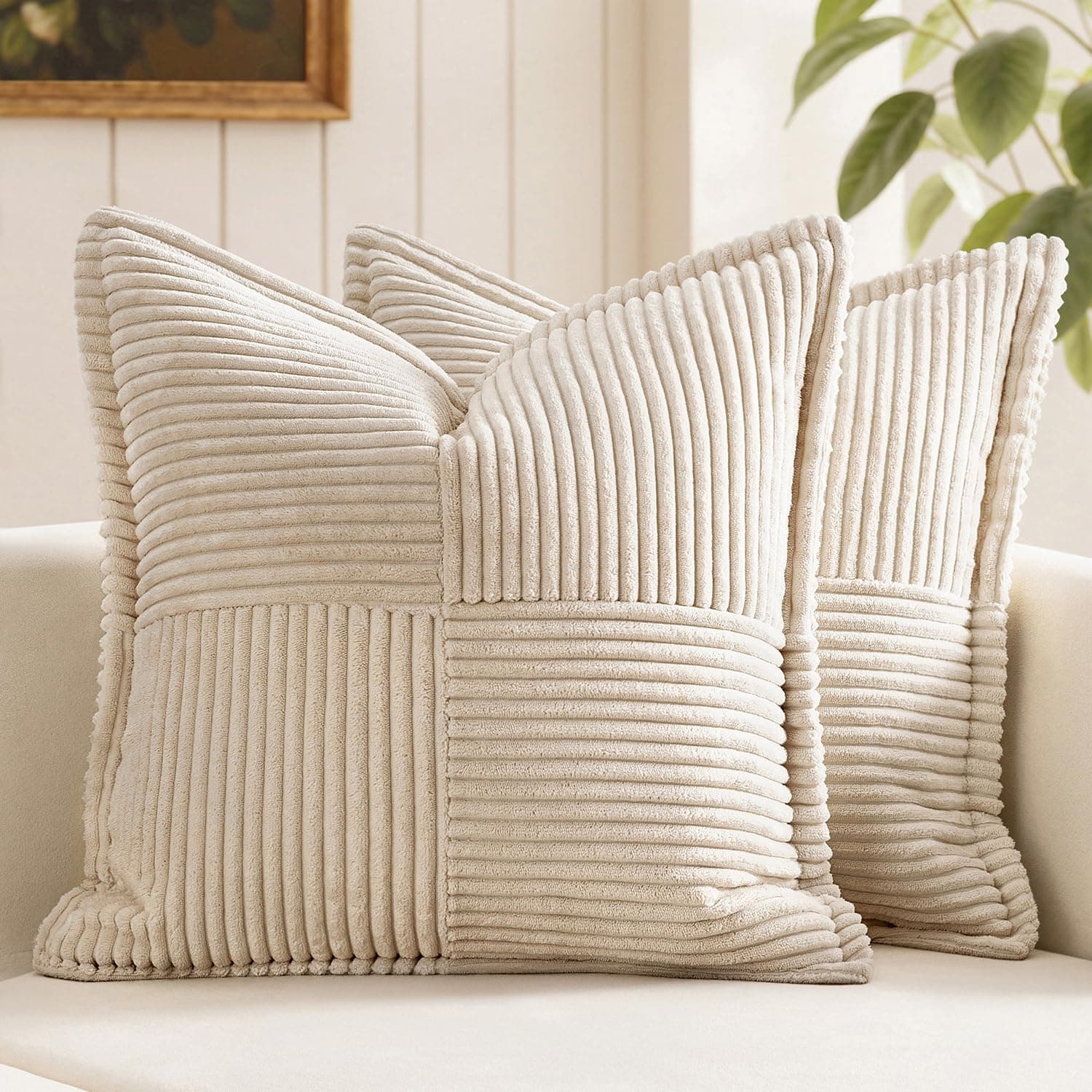 MIULEE Corduroy Pillow Covers with Splicing Set of 2 Super Soft Boho Striped Pillow Covers Broadside Decorative Textured Throw Pillows for Couch Cushion Bed Livingroom 18 x 18 inch, Beige