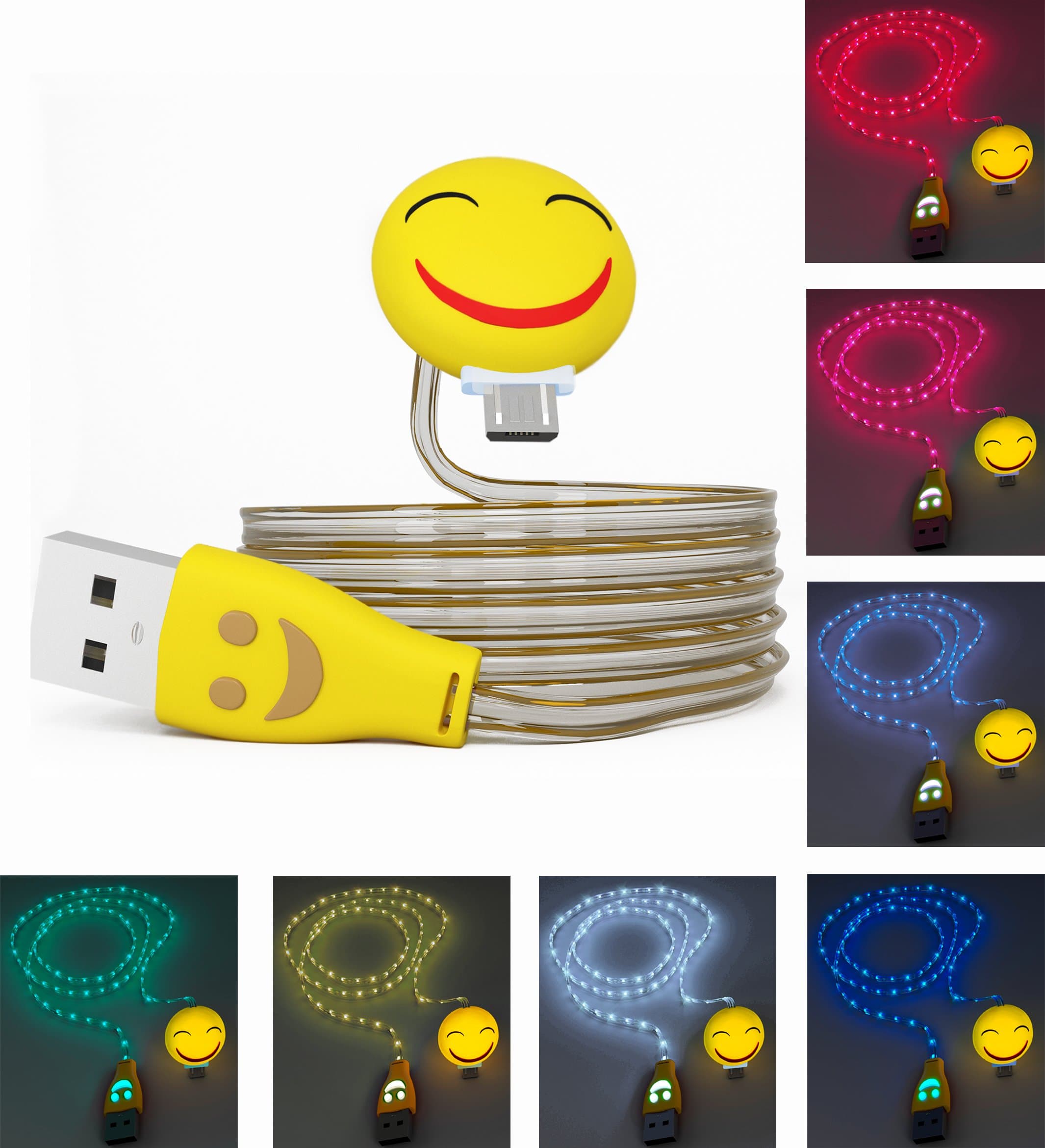 Micro USB Cable Emoji Face Multi-Colour Charger Cord Data LED Night Light Charging Cartoon Sync 3FT glow in the dark Android Samsung Galaxy Edge S4 Note 2 4 5 Mega HTC One M9