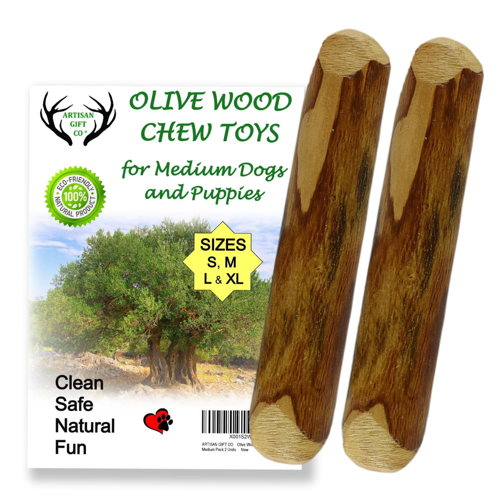 Natural Olive Wood Long Lasting Dog Chew, Puppy Teething Toy, Saving Pack 2 Sticks (Medium) 15cm