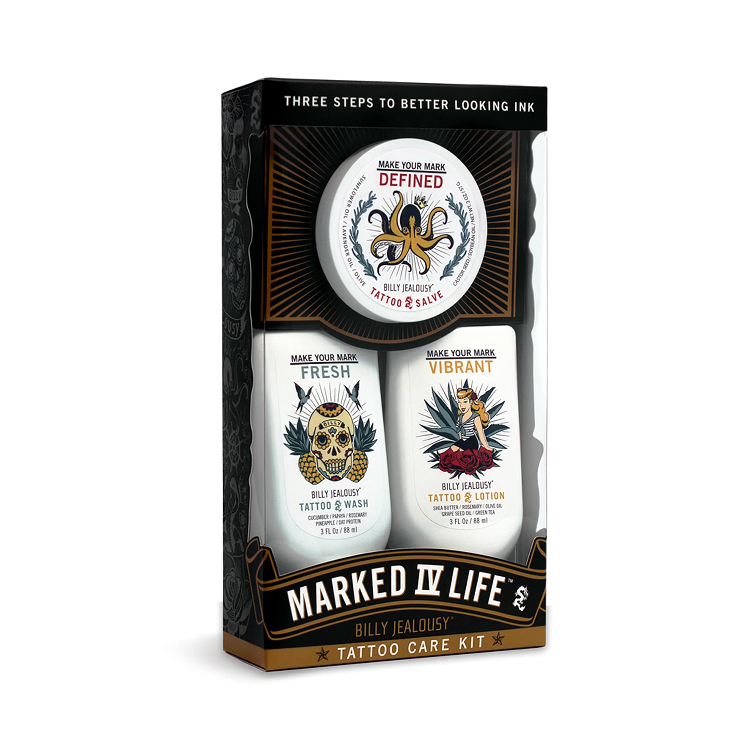 Marked IV Complete Tattoo Care Kit, Make Your Mark Defined, Fresh and Vibrant, Includes Aftercare Ink Salve, Brightening Soap and Moisturizing Tattoo Lotion