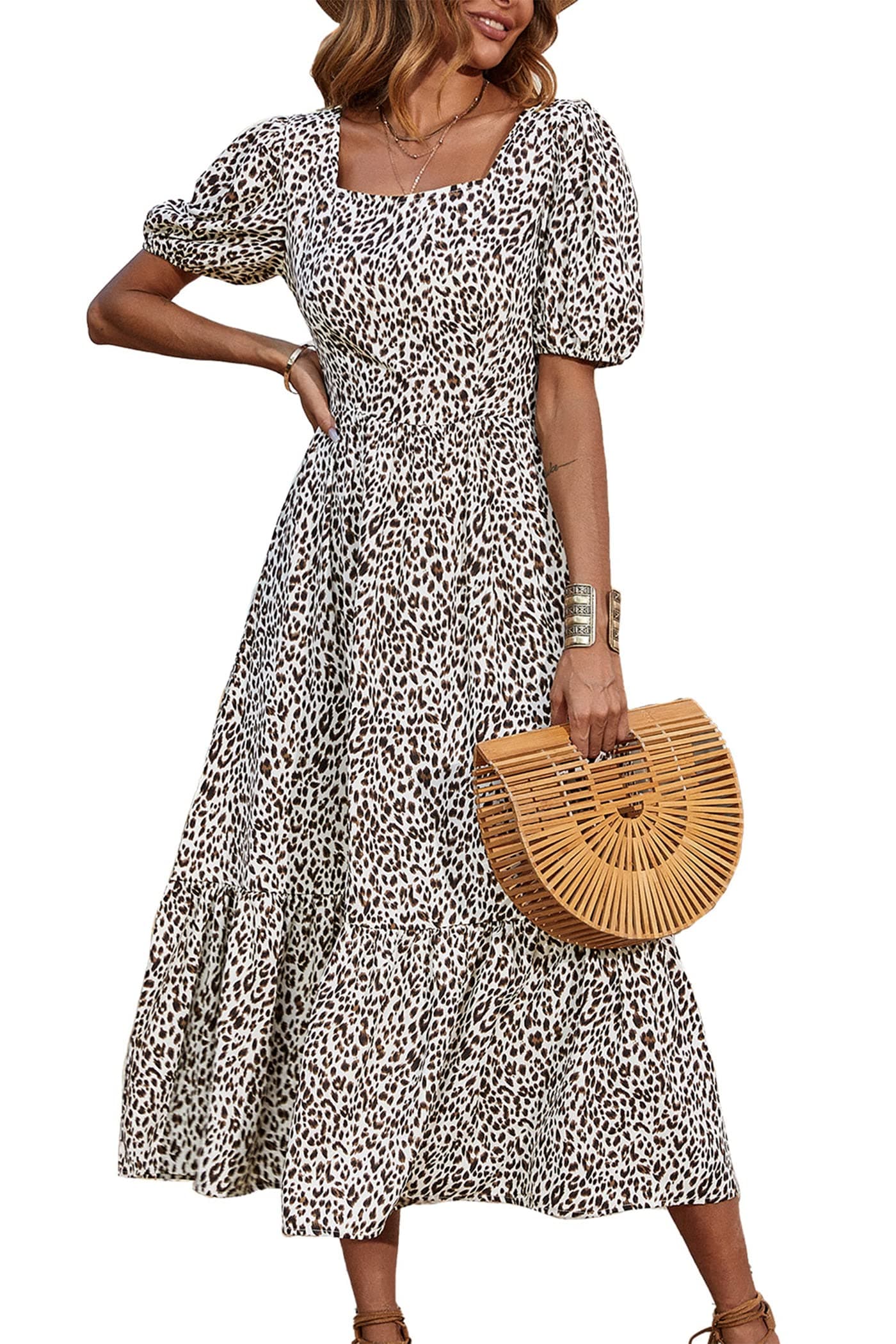PRETTYGARDENWomen's Bohemian Dress Leopard Tie-Back Square Neck Puff Sleeve Ruffled Hem Summer Maxi Dresses