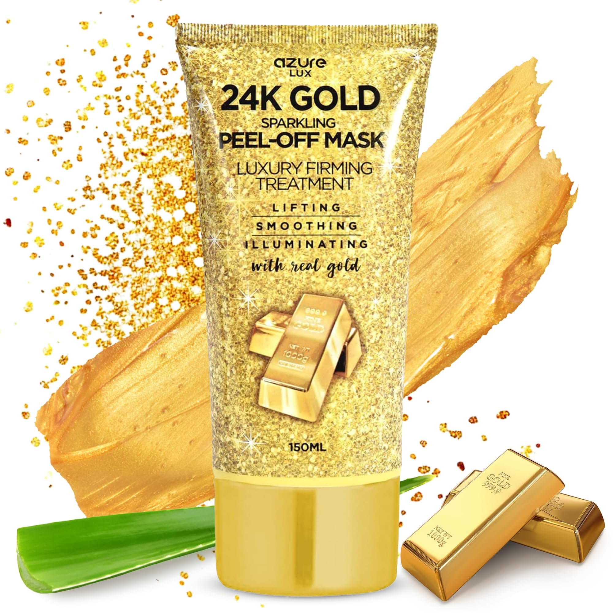 24K Gold Luxury Sparkling Firming Peel Off Mask By Azure - Removes Blackheads, Dirt & Oils | Firms & Moisturizes | Reduces Wrinkles, Fine Lines & Acne Scar | -150ml