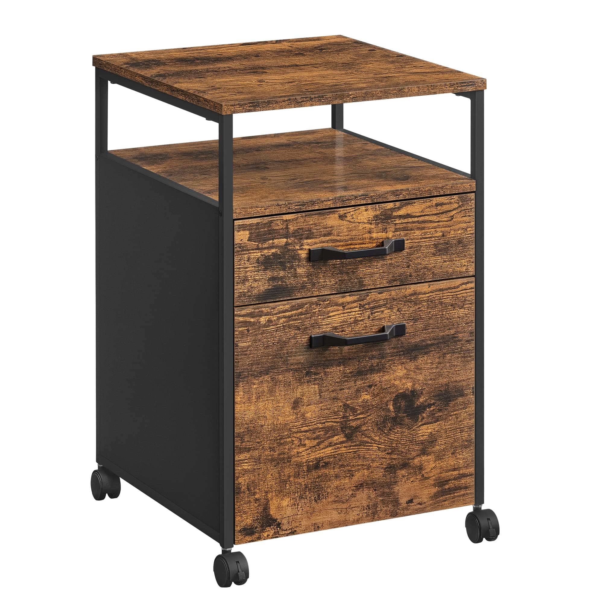 Rolling File Cabinet, Mobile Office Cabinet on Wheels, with 2 Drawers, Open Shelf, for A4, Letter Size, Hanging File Folders, Industrial Style, Rustic Brown and Black UOFC71X