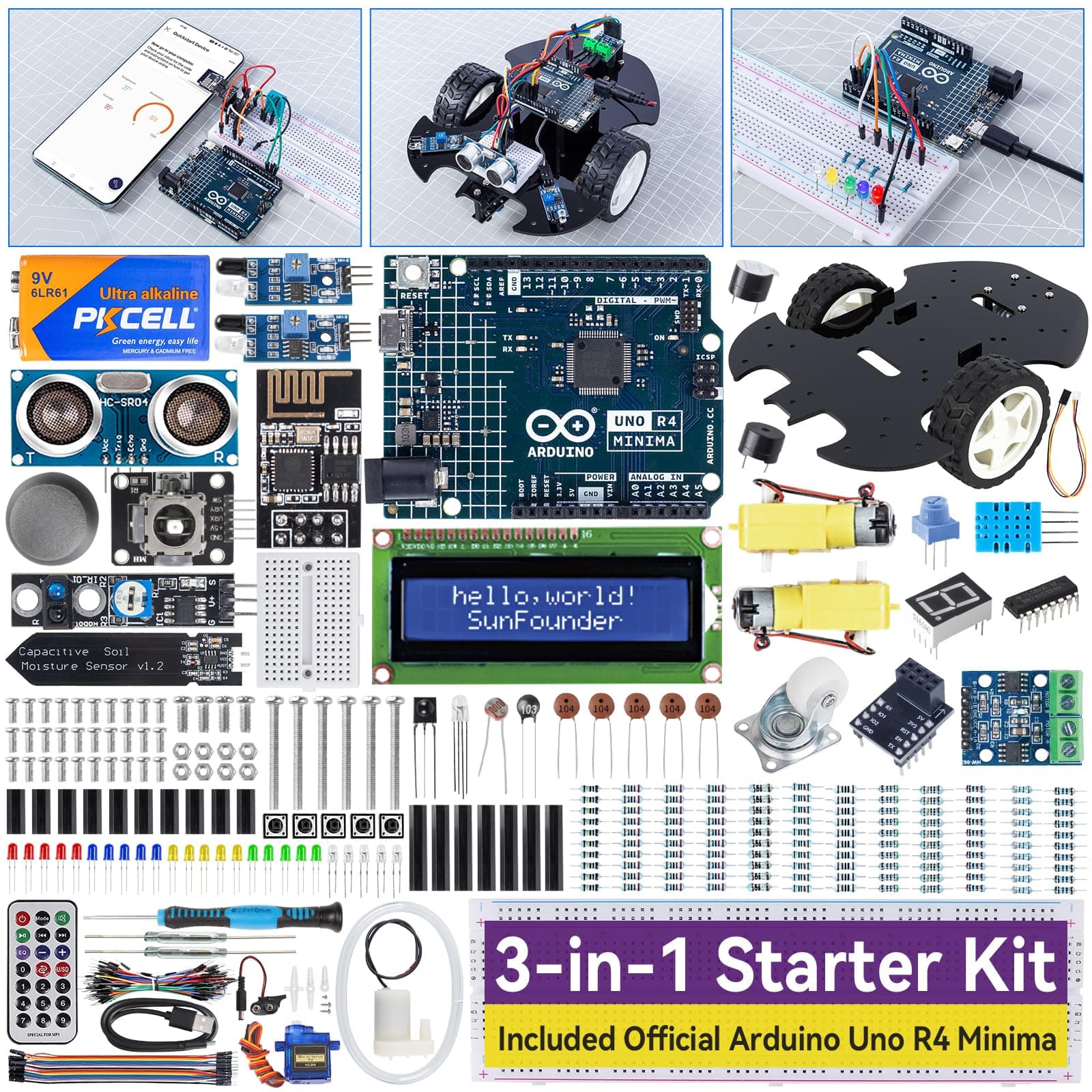 3-in-1 Super Starter Kit with Original Arduino Uno R4 Minima, IoT&Smart Car Projects, ESP8266 WiFi, Battery, 50+ Step-by-Step Tutorials for Beginners to Engineers, RoHS Compliant