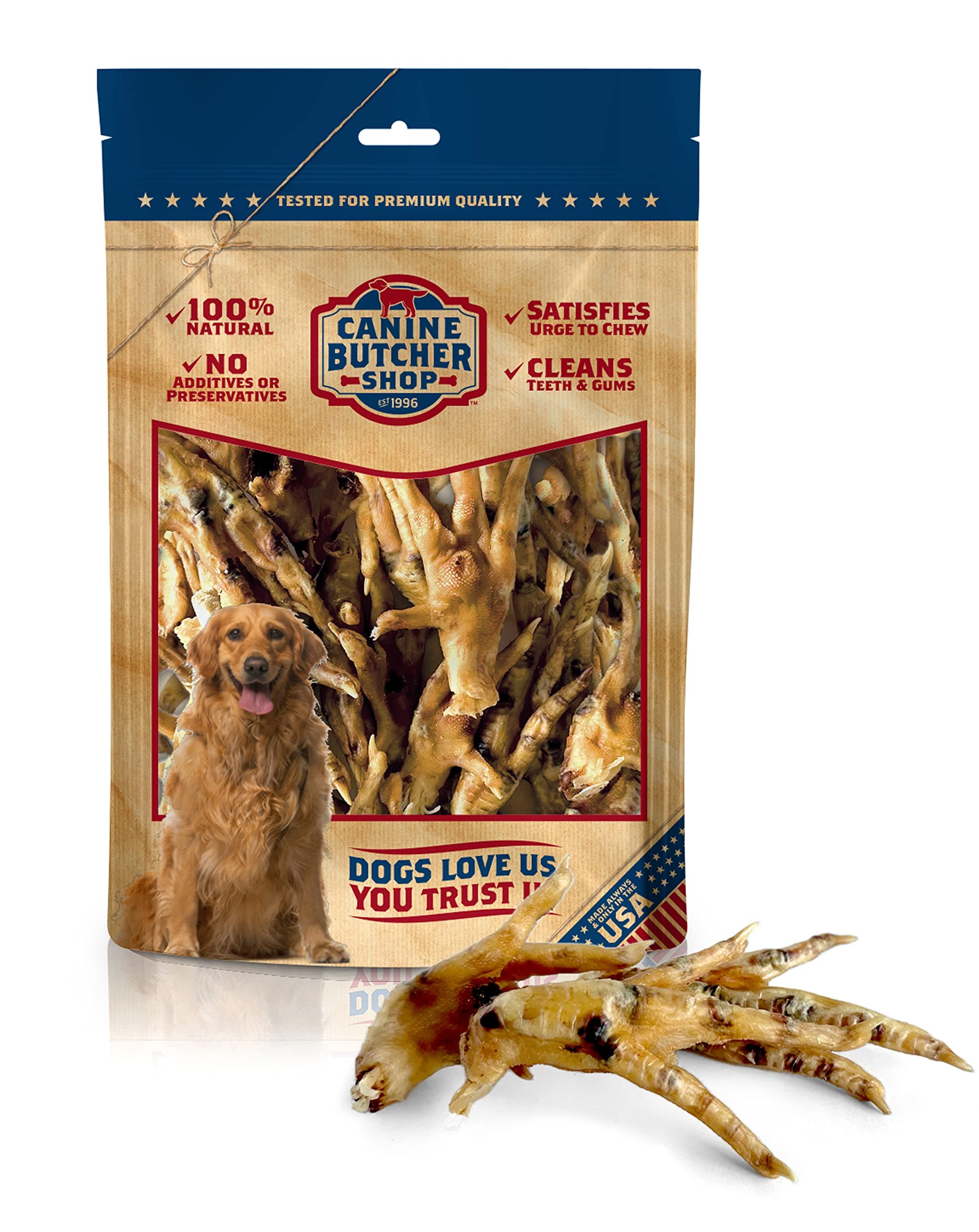 Canine Butcher ShopAll-Natural USA Chicken Feet for Dogs (Various Sizes) - Born, Raised & Made in USA Since 1996 (30-Count)