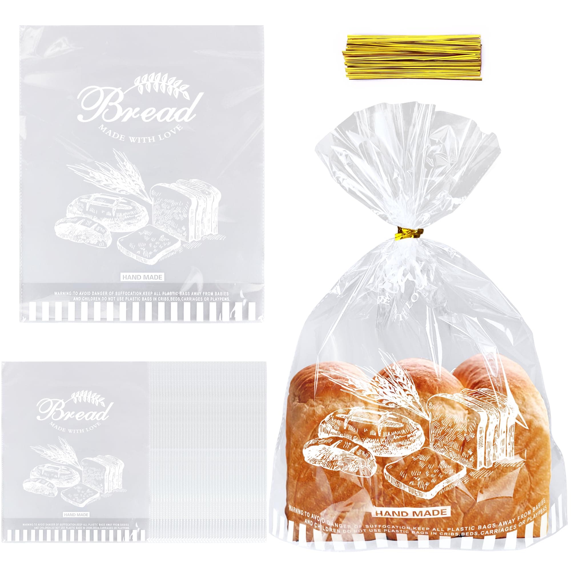 90 PCS 11"x 14" Bread Loaf Packing Bags with Bottom Gusset and Ties Clear Cello Cellophane bags Printed Bread Bags