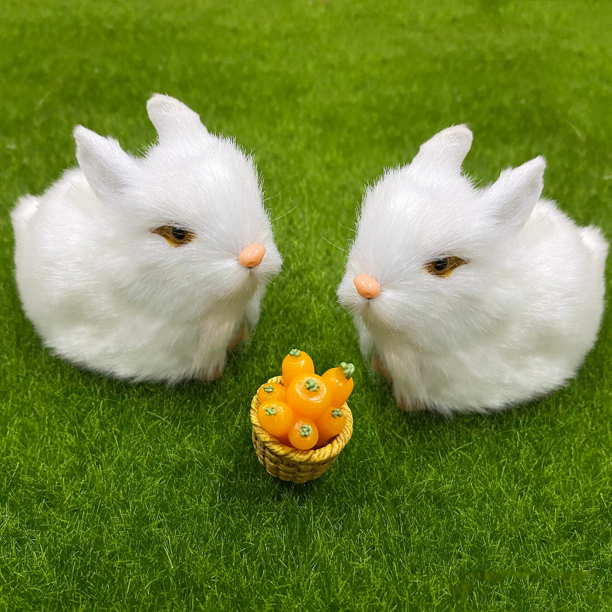 Realistic Easter Bunny Baby Chick Figurines, Soft Plush White Furry Rabbit Yellow Fluffy Chickens Photo Props Spring Decoration (2-Rabbits)