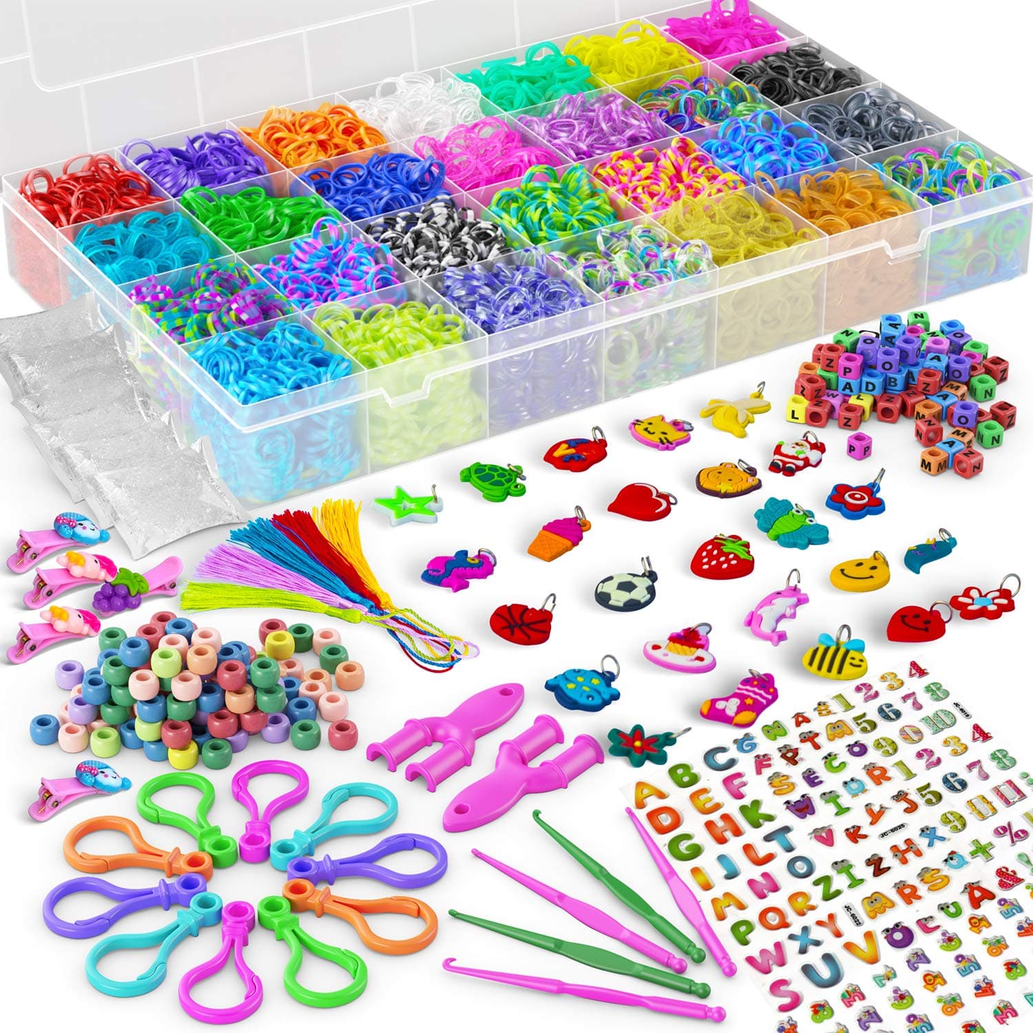 LOOM N CRAFTS Rubber Band Bracelet Refill Kit - 11000 Premium Loom Bands, 600 S-Clips, 200 Beads, 30 Charms, 52 ABC Beads, 10 Backpack Hook, 5 Crochet, Tassel, Hair Clip â€“ 2Y Loom