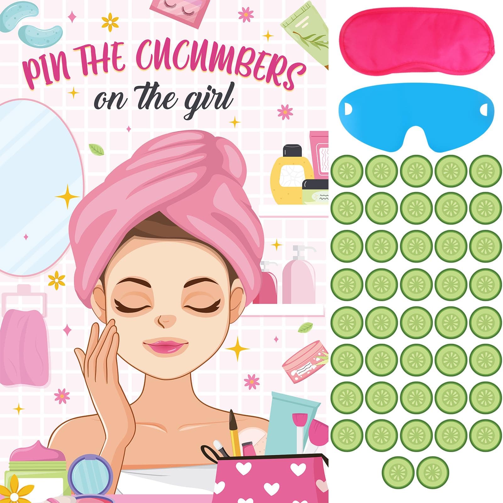 Hxezoc Spa Party Games Pin The Cucumbers On Girl With 42 Pcs Cucumber Stickers, Large Poster For Kids Girls Women Birthday Carnival Supplies