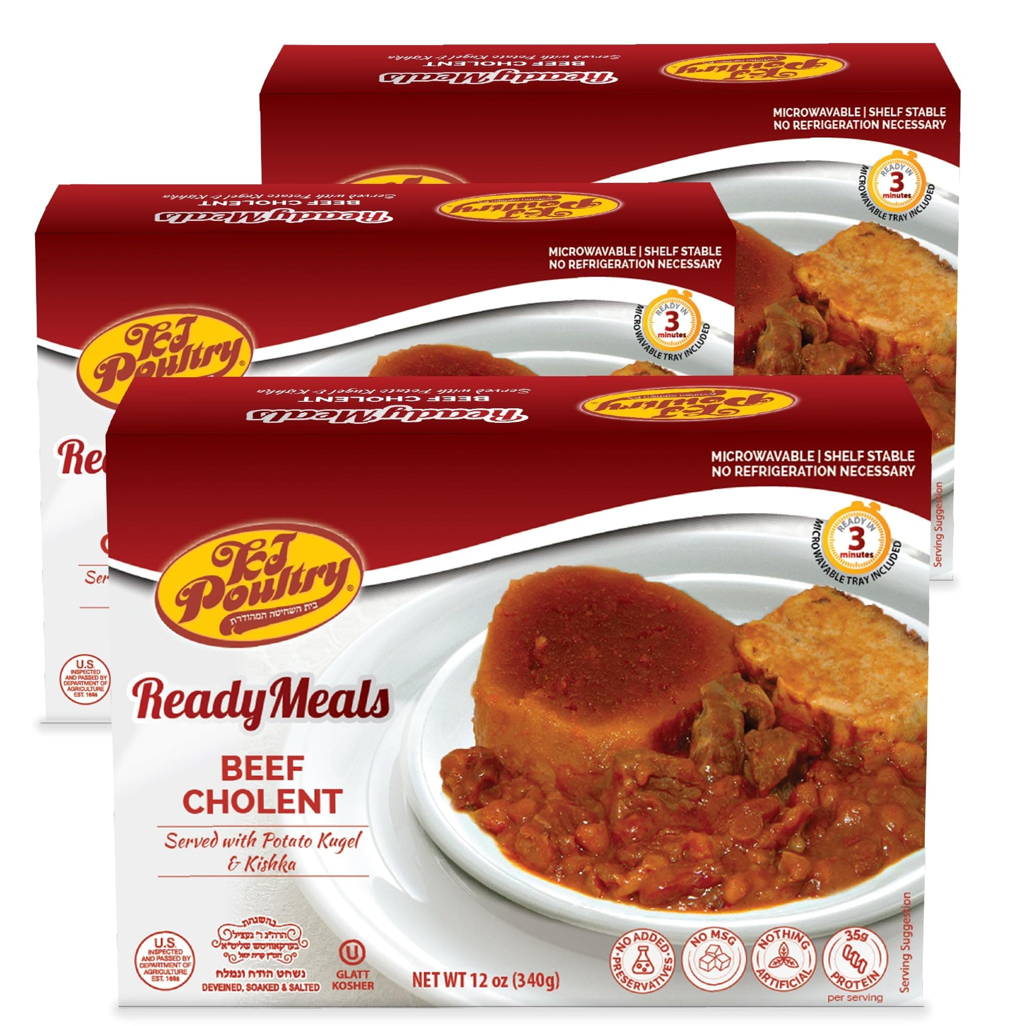 KJ Poultry Kosher Ready Meals - Beef Chulent & Kugel, MRE Meat Meals Ready to Eat, Shabbos Food (3 Pack) Prepared Entree Fully Cooked, Shelf Stable Microwave Dinner Travel, Military, Camping, Survival