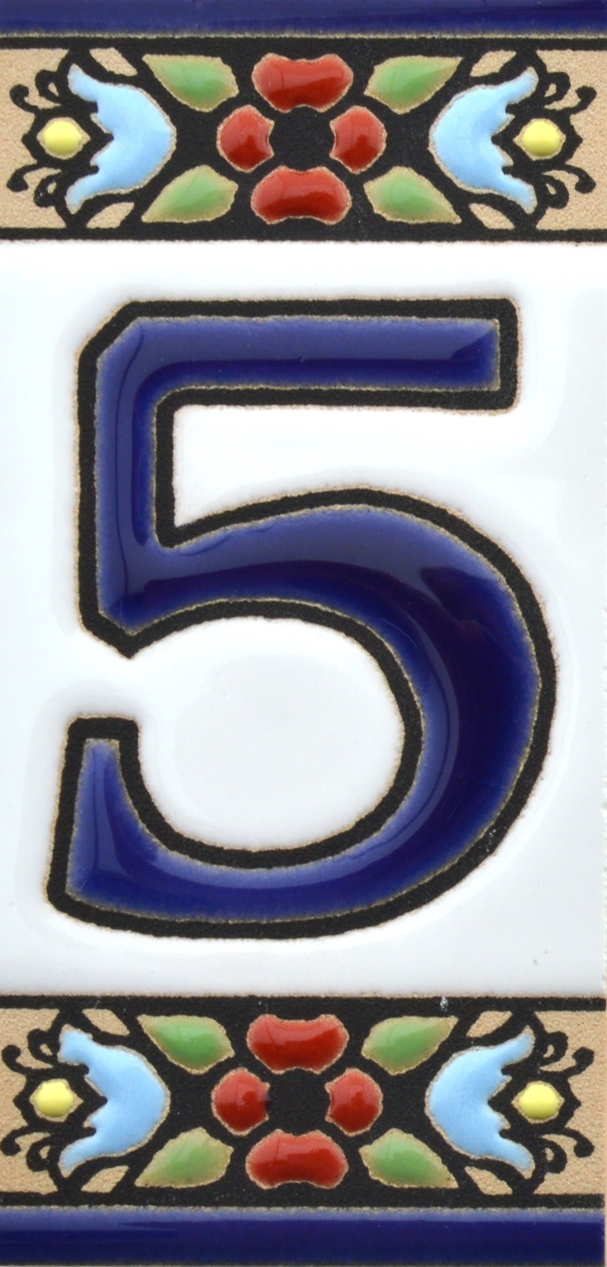 House numbers 3 inch. Handpainted house number tiles for signs, addresses and names. Address numbers for houses. House address numbers and letters. Design FLORES MINI 2,87" x 1,38" (NUMBER 5)