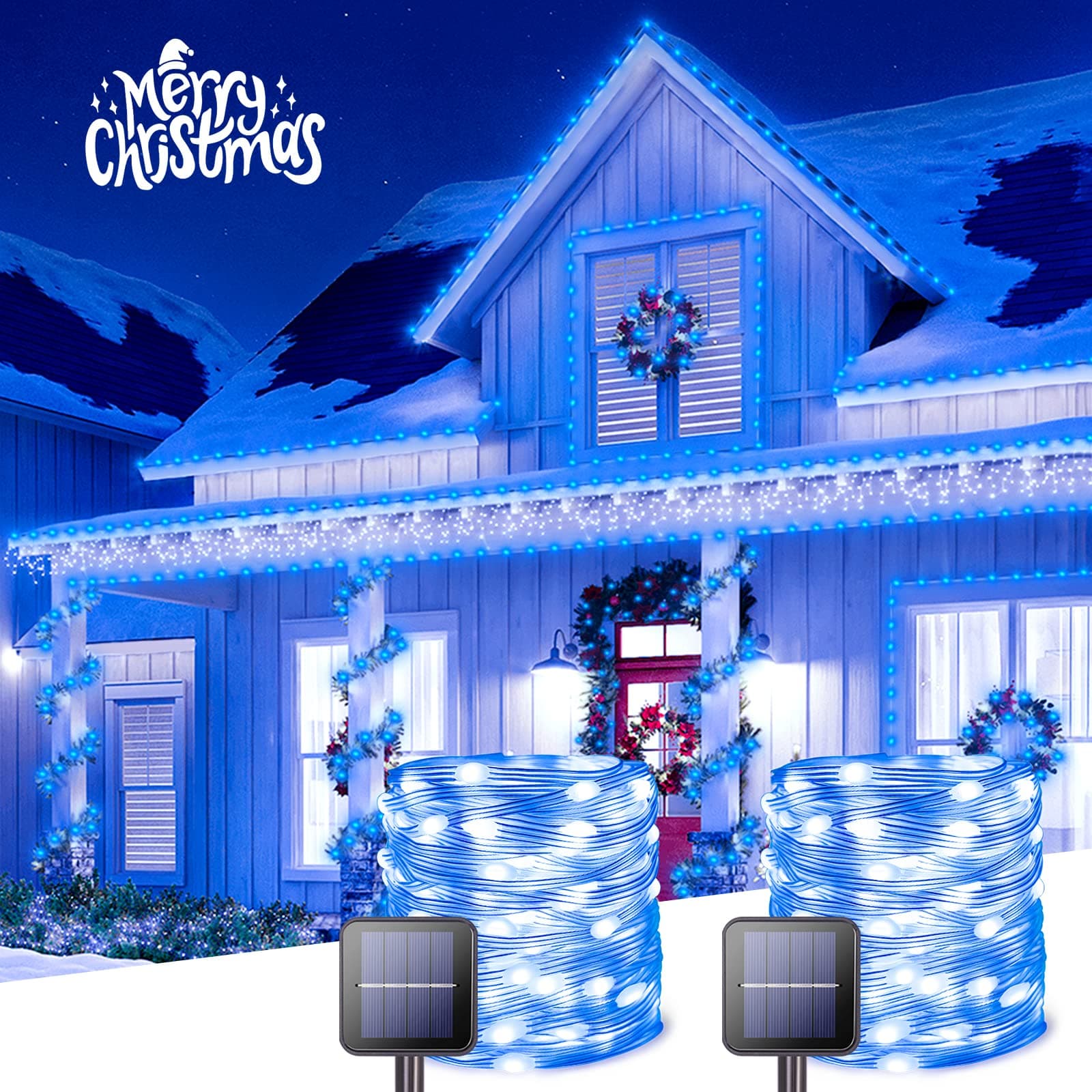 JMEXSUSS 200 LED Blue Solar Lights Outdoor, 2 Pack 66ft Super Bright Waterproof Solar String Lights with 8 Modes, PVC Wire Fairy Lights Solar Powered for Christmas Garden Patio Christmas Decoration