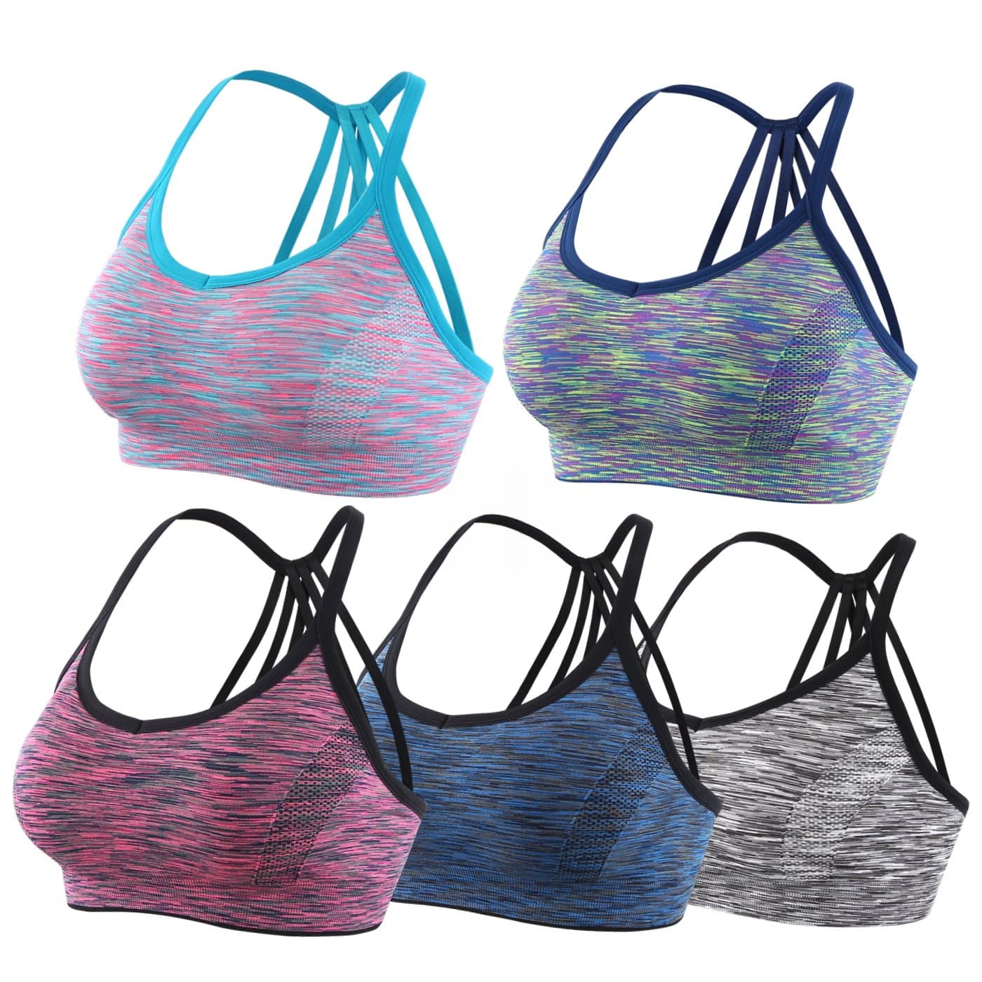 EMY Strappy Sports Bra Space Dye Parachute Back Seamless Removable Pads for Yoga Running Workout Fitness (L)