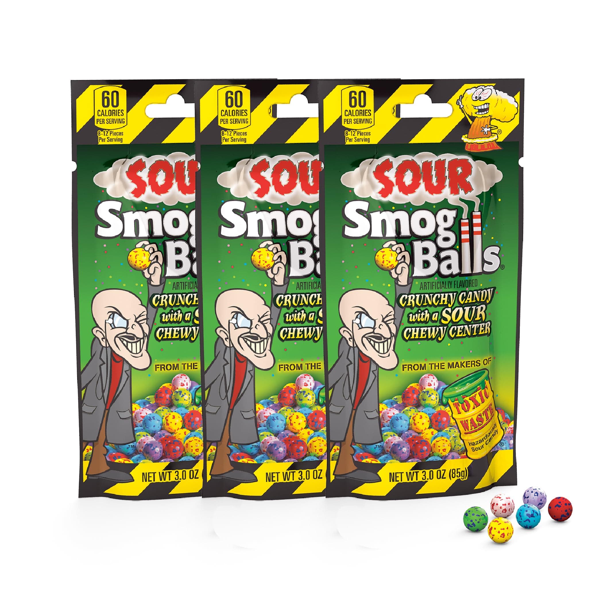 TOXIC WASTE - Sour Smog Balls - Crunchy & Chewy Sour Balls - Lime, Cherry, Strawberry, Lemon, Blue Raspberry, & Grape Flavors - 3 oz. Bags - 3-Pack