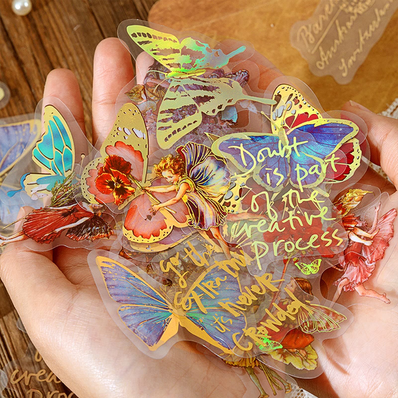 Aromoty Fairy Gold foil Holographic Stickers Set 120Pcs 4 Themes Resin Transparent Butterfly Flowers Floral Sticker Aesthetics Journaling Stickers for Scrapbook Junk Bullet Journals Planner Laptops