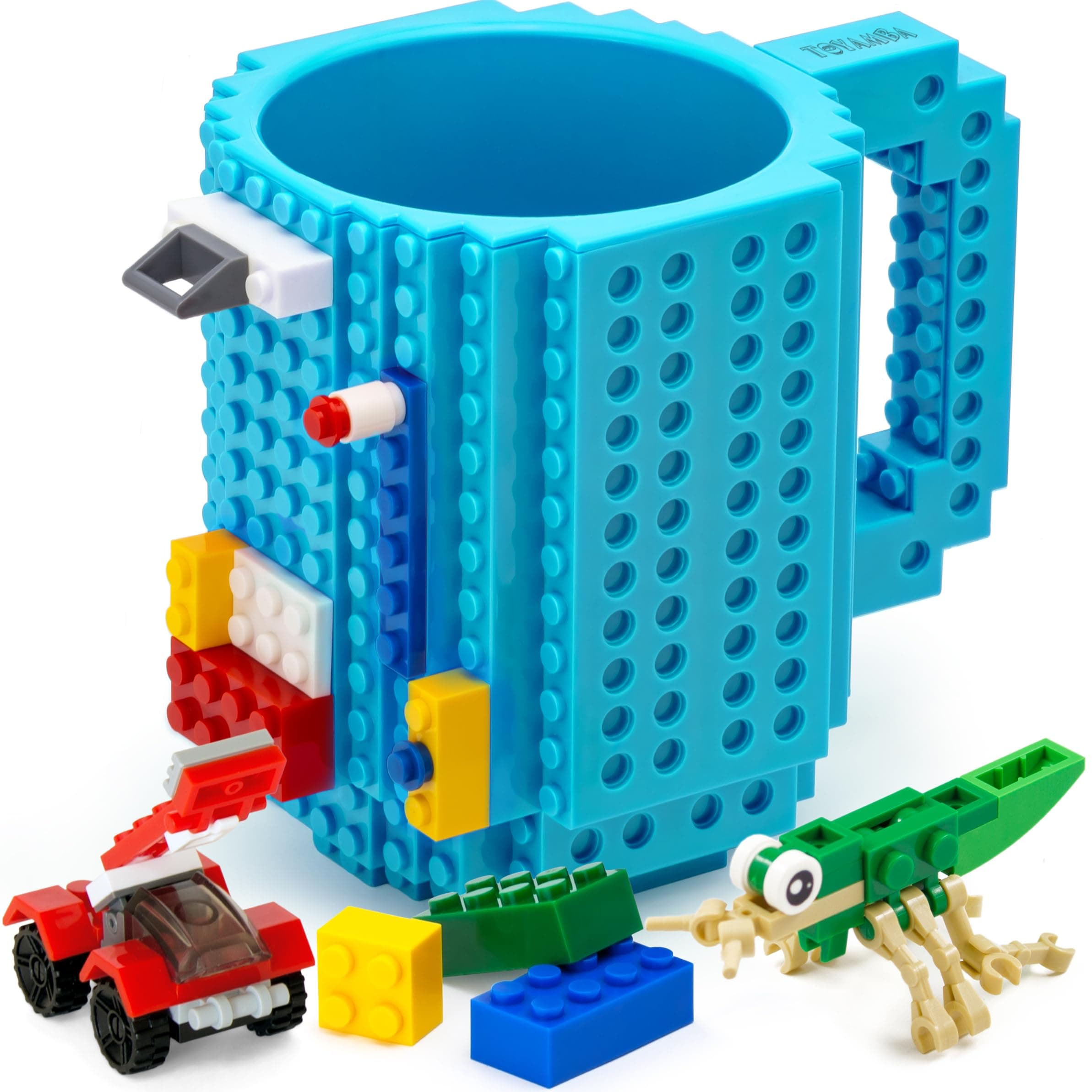 Build-on Brick Mug BPA-Free Funny Coffee Mug with 3 Packs of Building Blocks Compatible with Major Brands, Funny Cups for Kids 16OZ (Baby Blue)