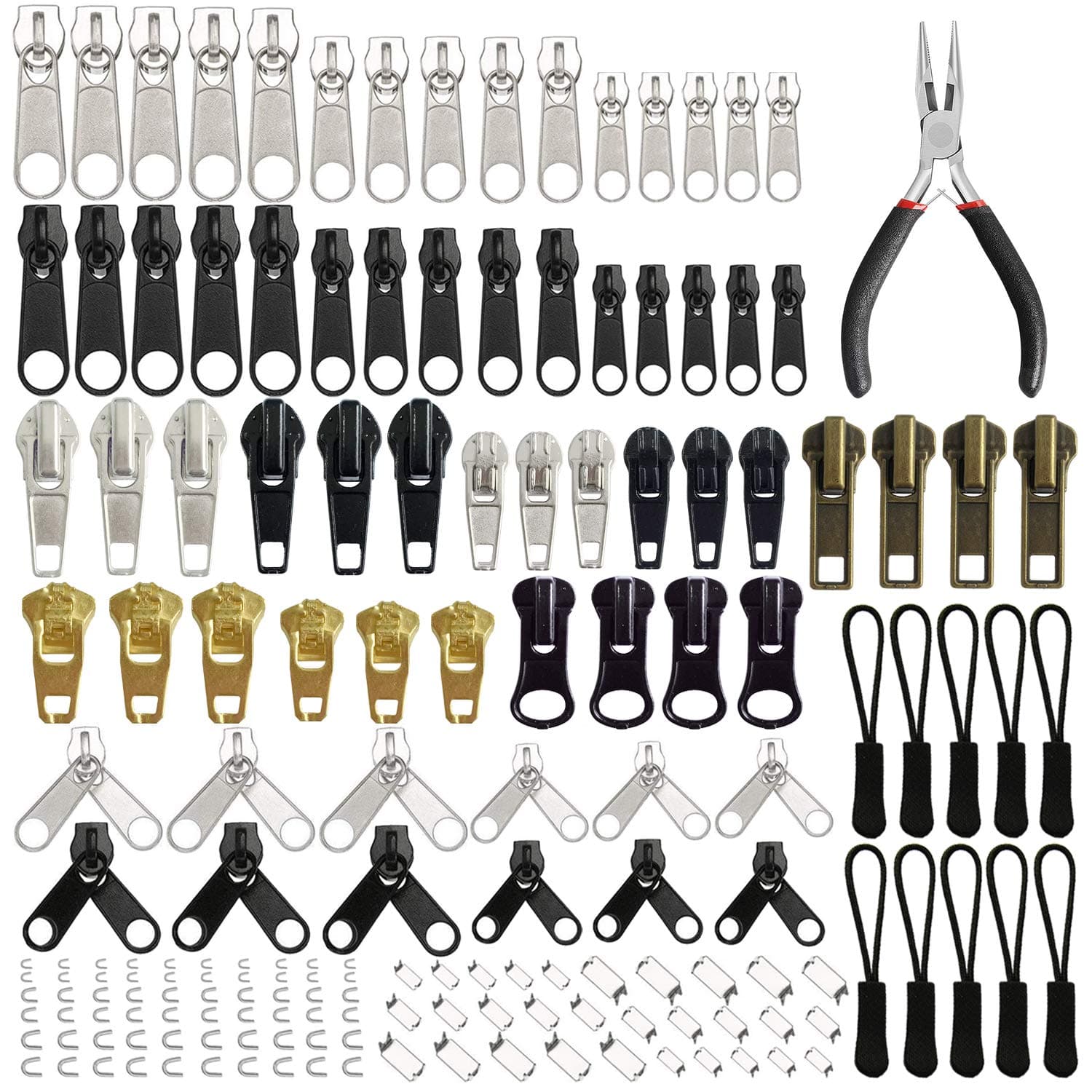 169Pcs Zipper Repair Kit Zipper Replacement Zipper Pull Rescue Kit with Zipper Install Pliers Tool and Zipper Extension Pulls for Clothing Jackets Purses Luggage Backpacks (Silver and Black)