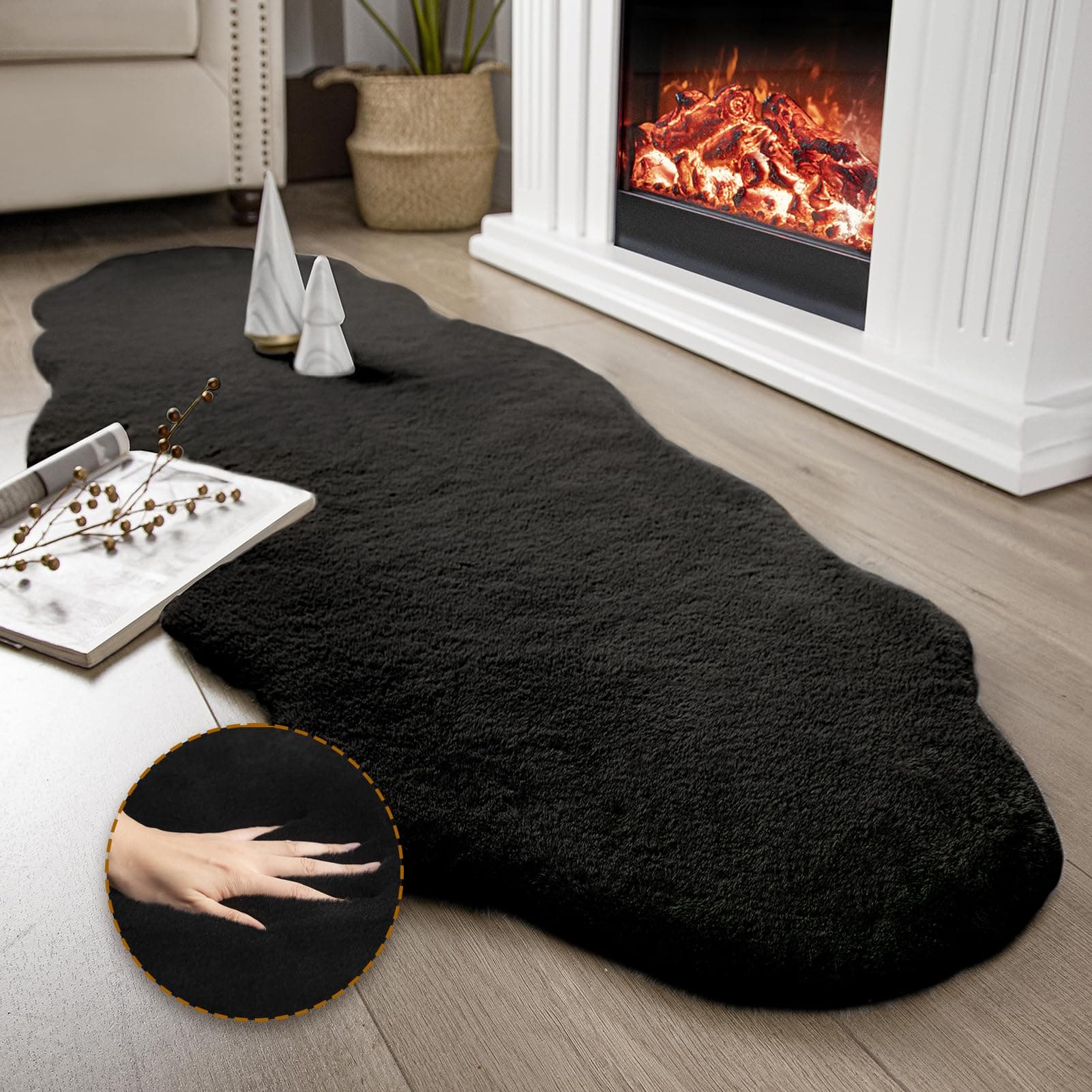 Ashler HOME DECO Ultra Soft Faux Rabbit Fur Chair Couch Cover Area Rug for Bedroom Floor Sofa Living Room Black 2 x 6 Feet