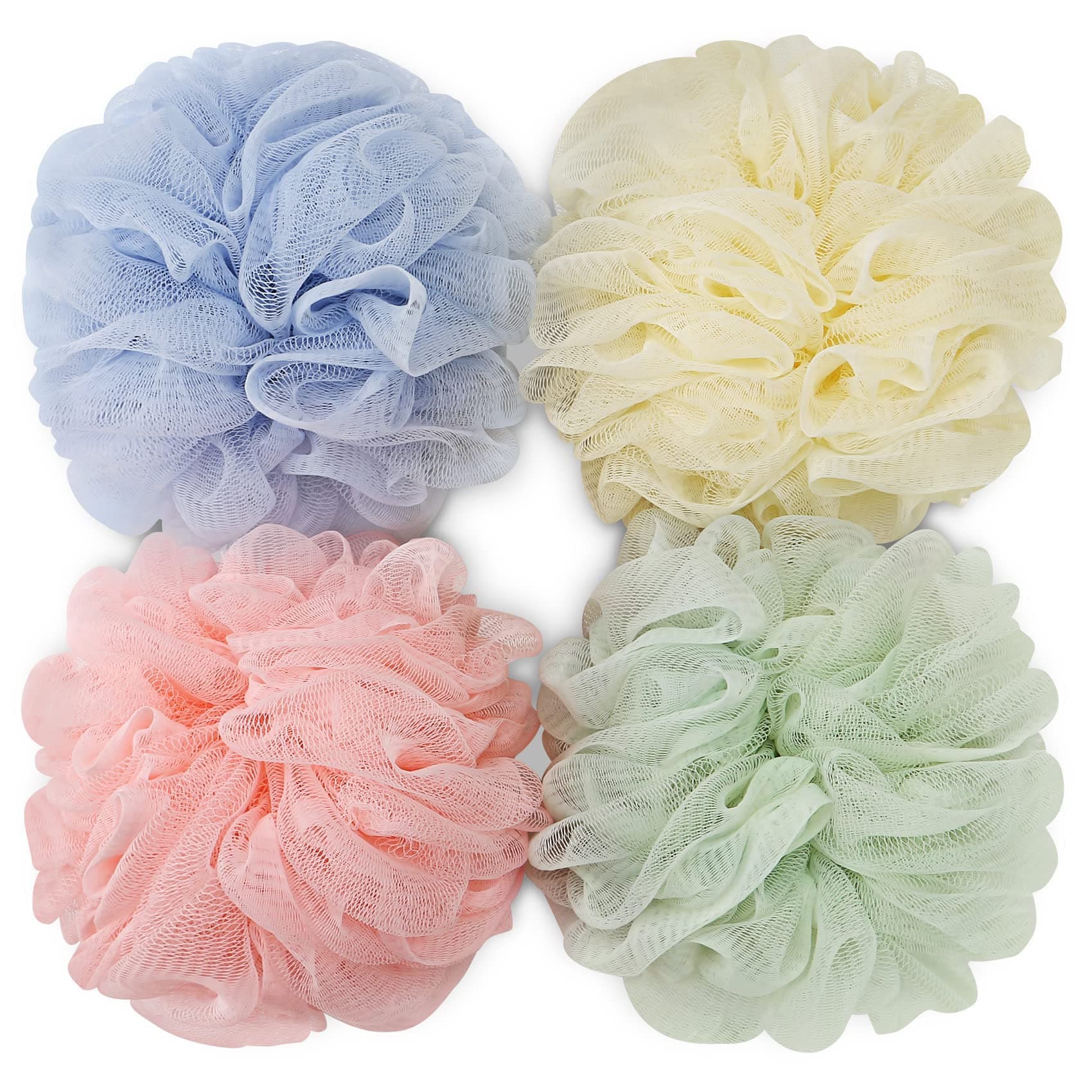 Bath Shower Loofah Sponge 75g Bath Mesh Pouf Shower Ball Body Scrubber Exfoliating Bath Sponge for Women and Men, Set of 4, Pink-Blue-Beige-Green