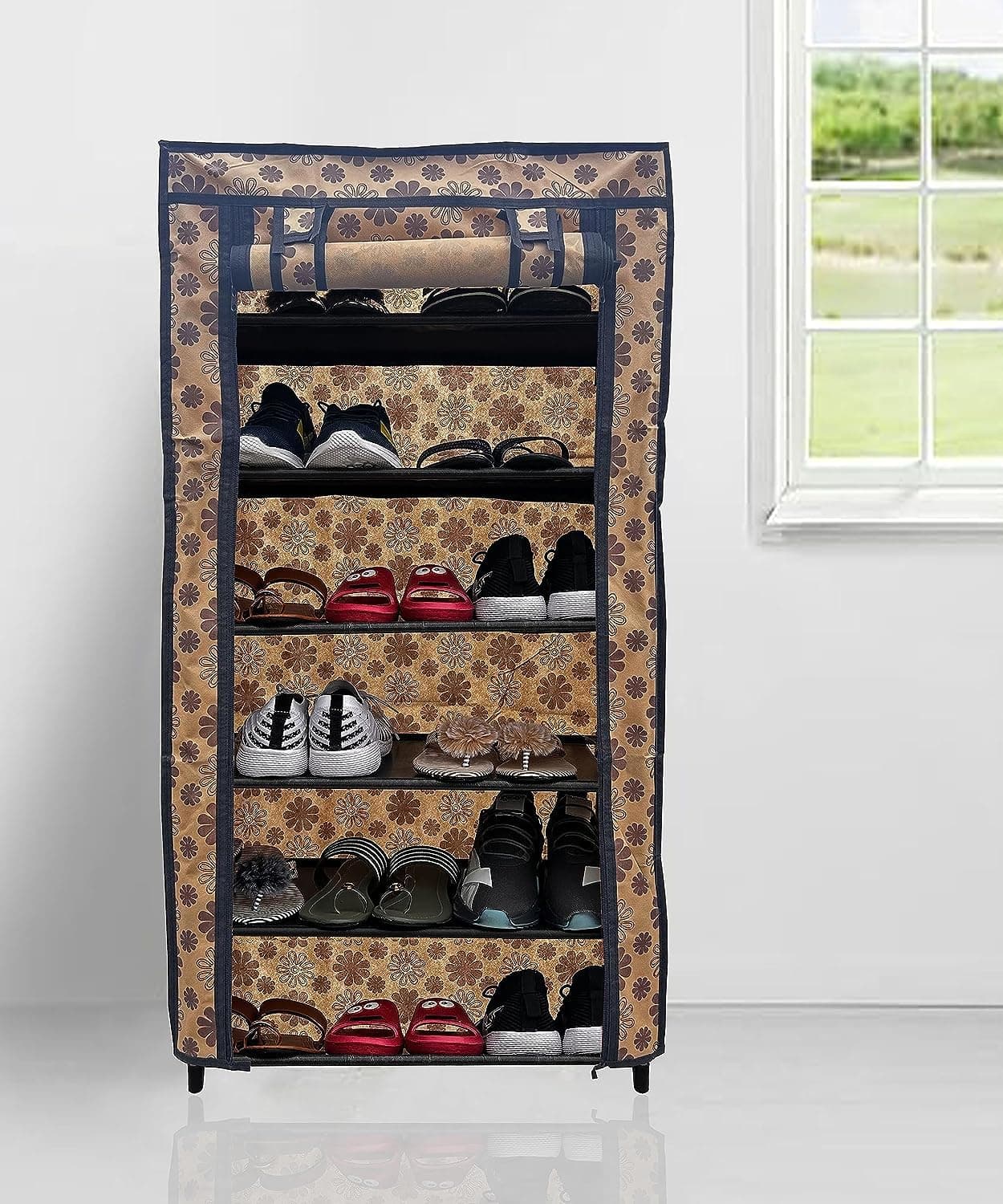 ROBMOB Shoe Racks for Home Shoe Rack with Cover 6 Layer Multipurpose Shoe Stand Metal Rack (flower print)