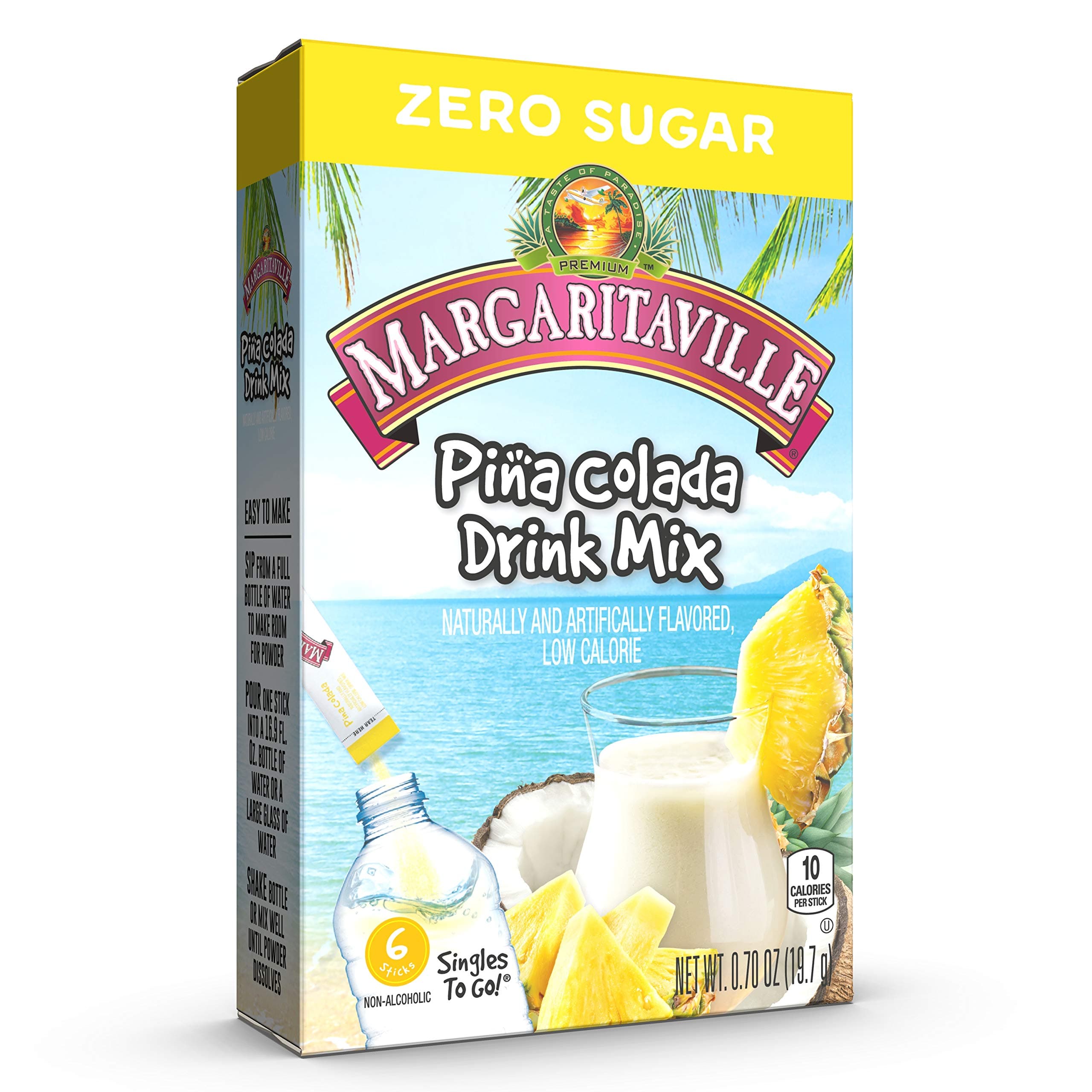 Margaritaville, Singles To Go Water Drink Mix Flavored NonAlcoholic Powder Sticks 6 Count, Pina Colada, 4.14 Ounce