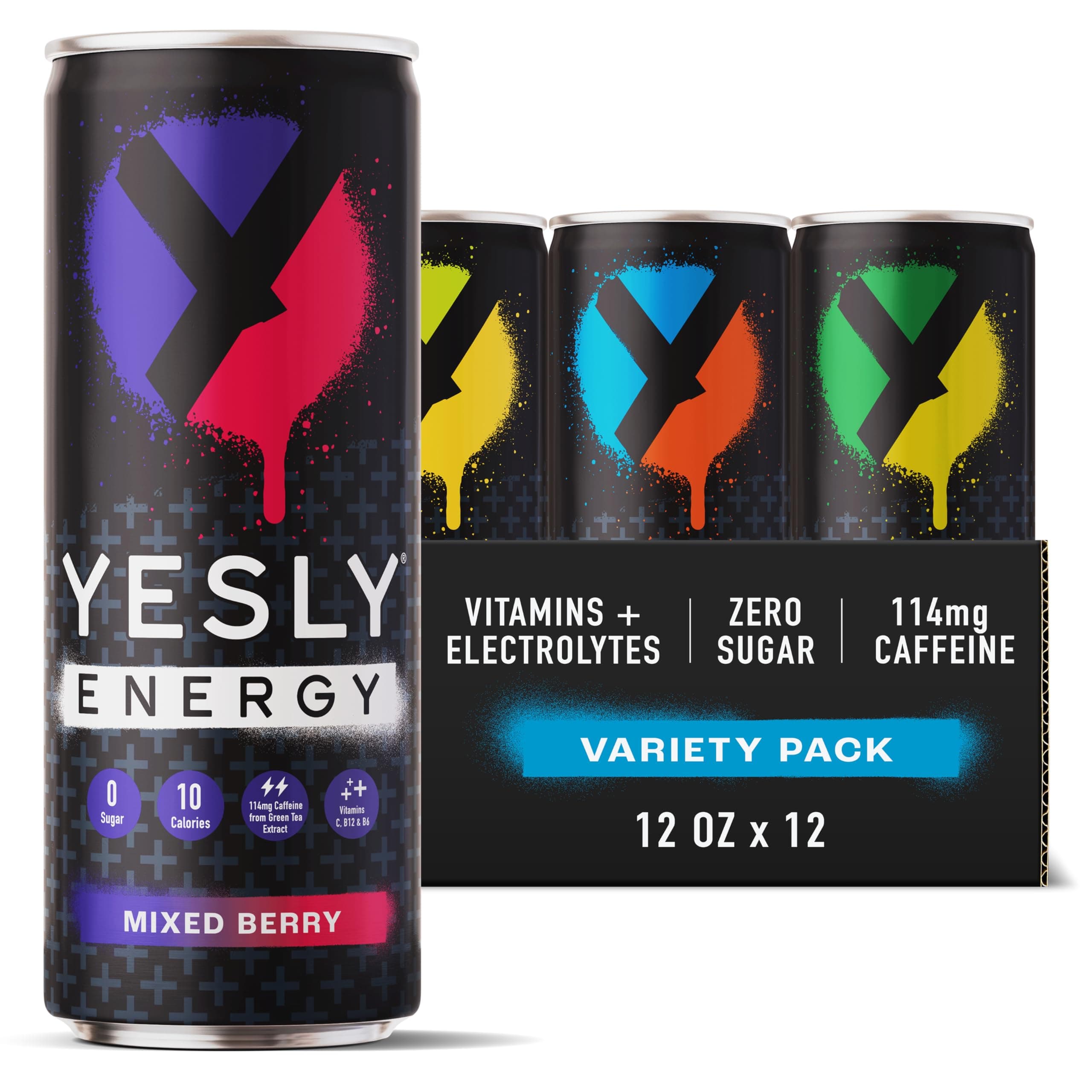 Yesly Energy Drink, Variety Pack, Naturally Flavored Sparkling Energy Drink With Electrolytes, Magnesium, Potassium, Vitamin C, B6 & B12, Natural Caffeine From Green Tea, 12 Fl Oz Cans, 12 Pack