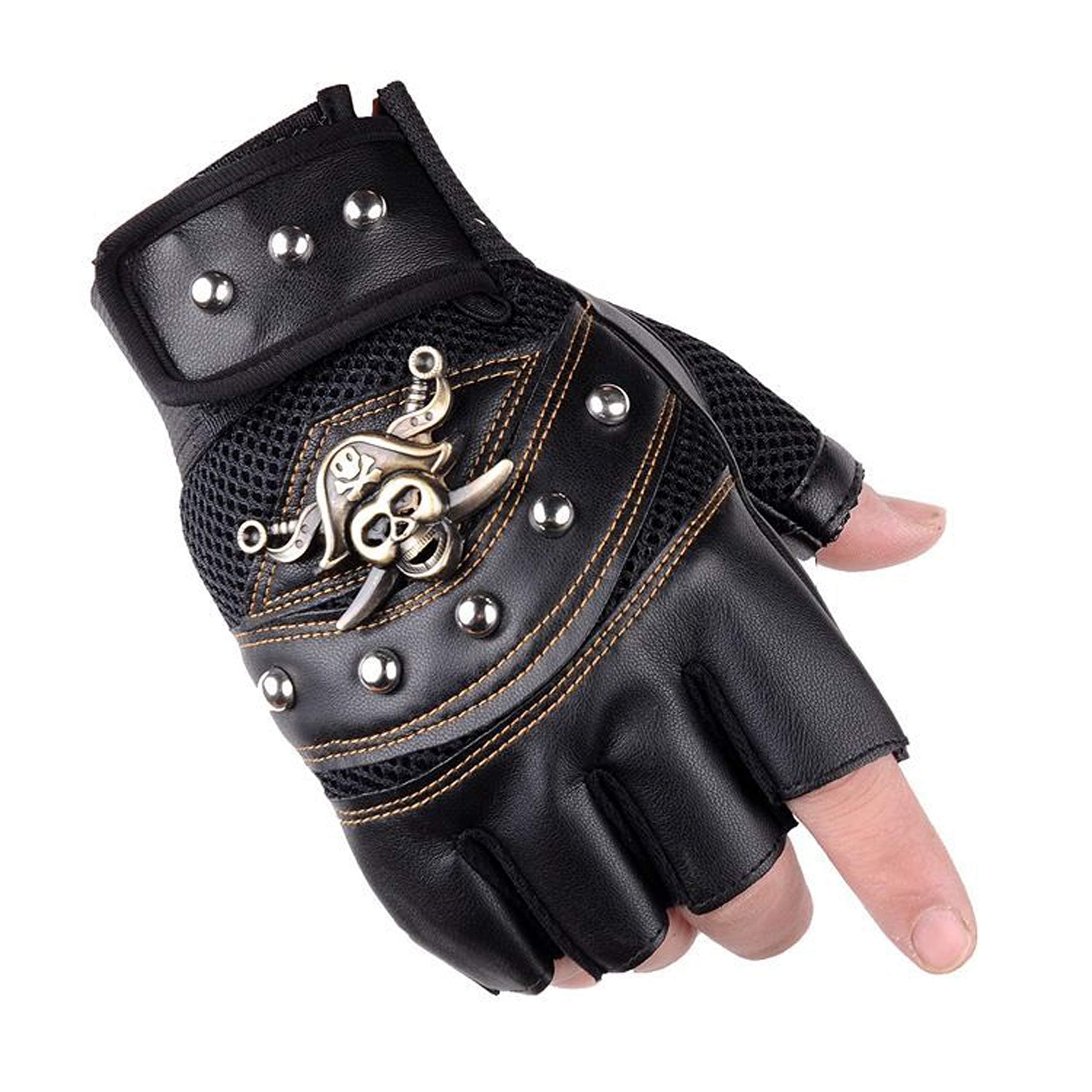 Men's Punk Rock Biker Pirate Skull Gloves Motorcycle Skeletal Rivet Driving Fingerless Mitten