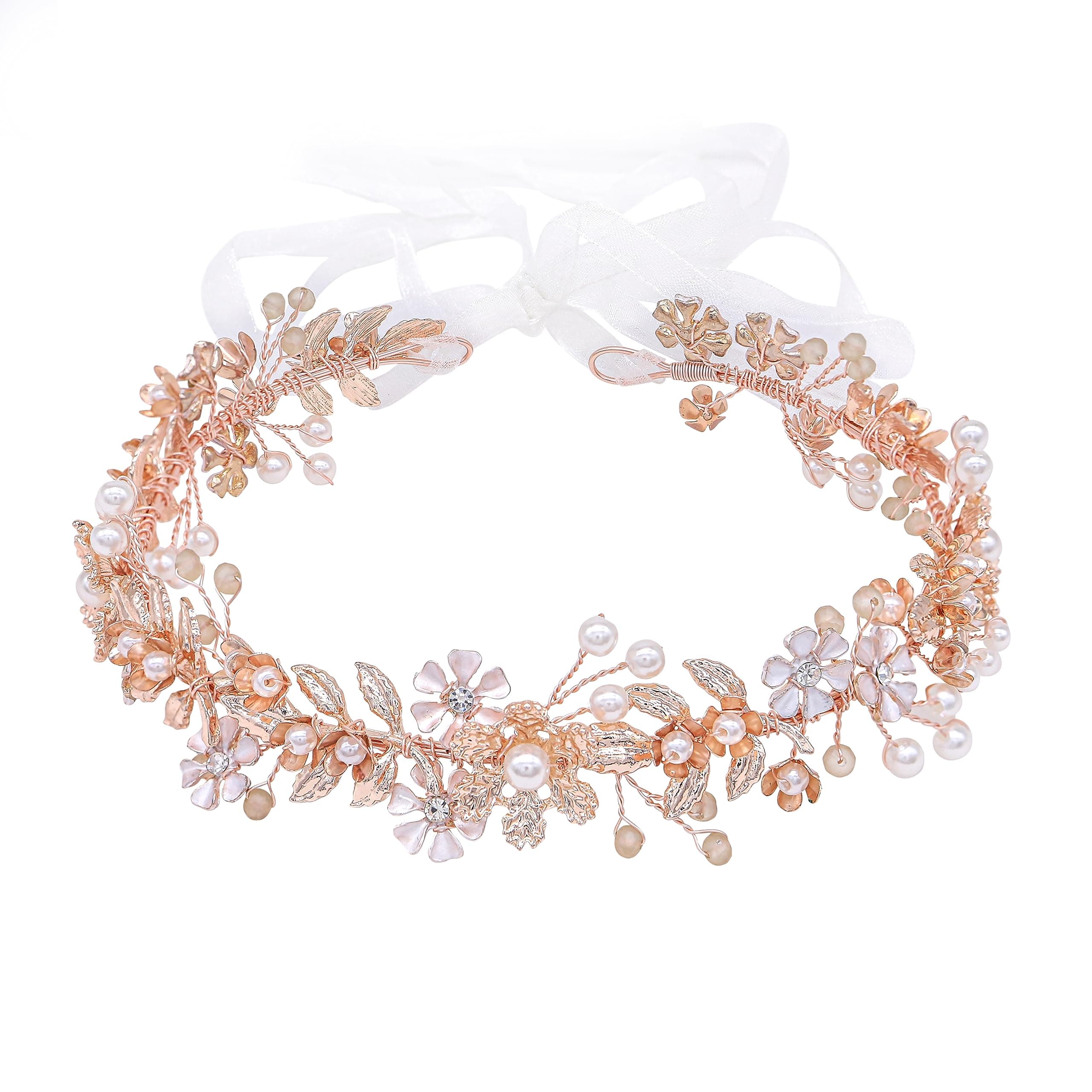 Wedding Headband Tiara Flower Leaves Design Hair Vine With Pearls And Rhinestones (Rose Gold)