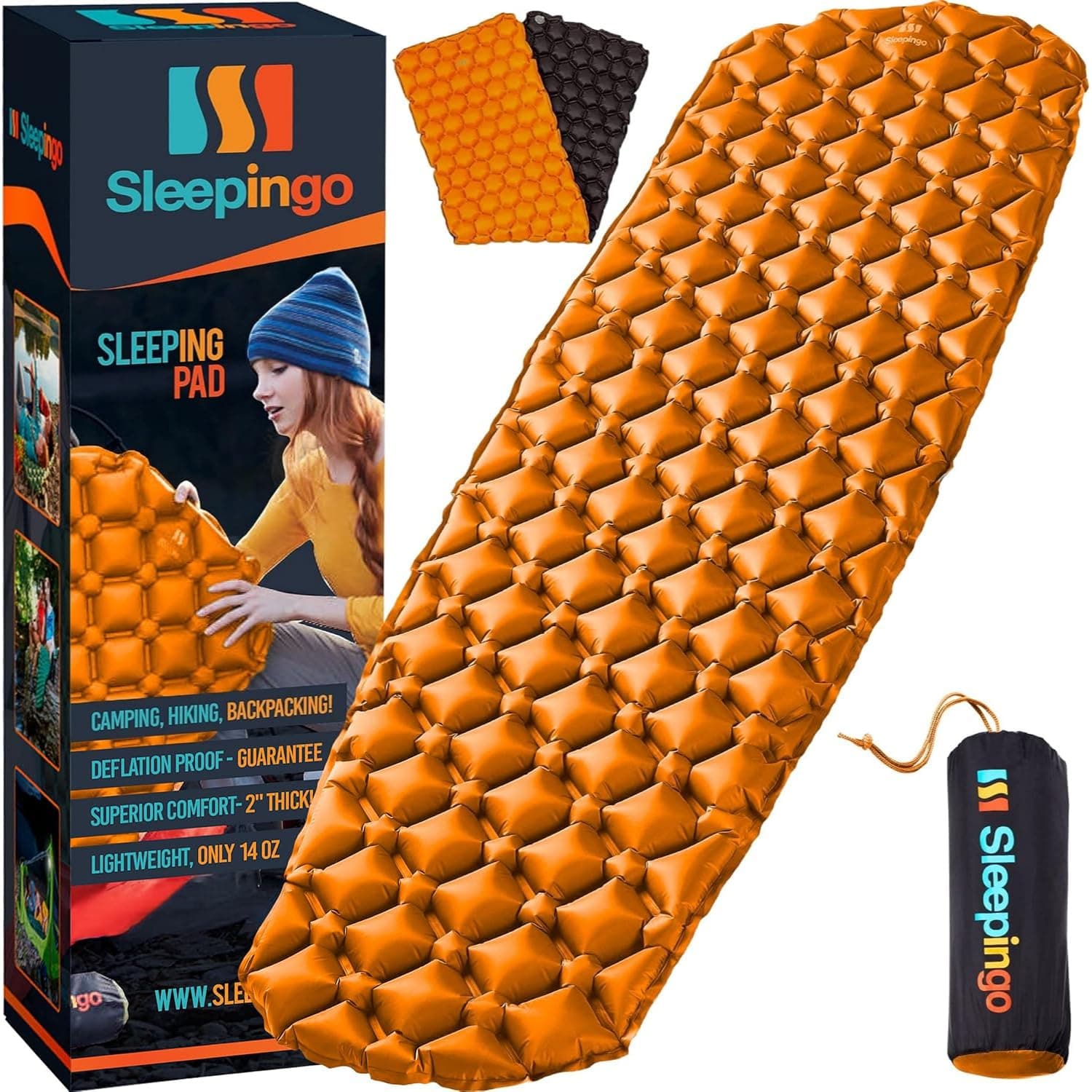 Sleeping Pad for Camping - Ultralight Sleeping Mat for Camping, Backpacking, Hiking - Lightweight, Inflatable & Compact Camping Air Mattress (Orange)