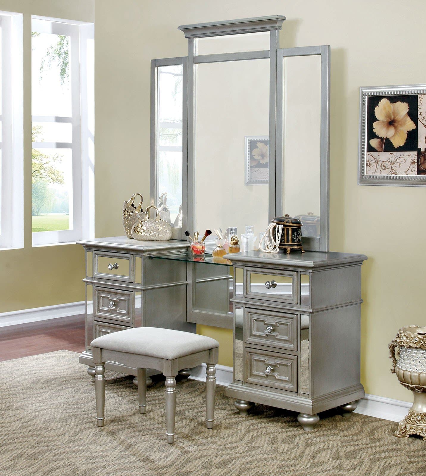 FA Furnishing Sophia Mirrored 3 Piece Vanity Make Up Table, Mirror & Bench in Silver Champagne