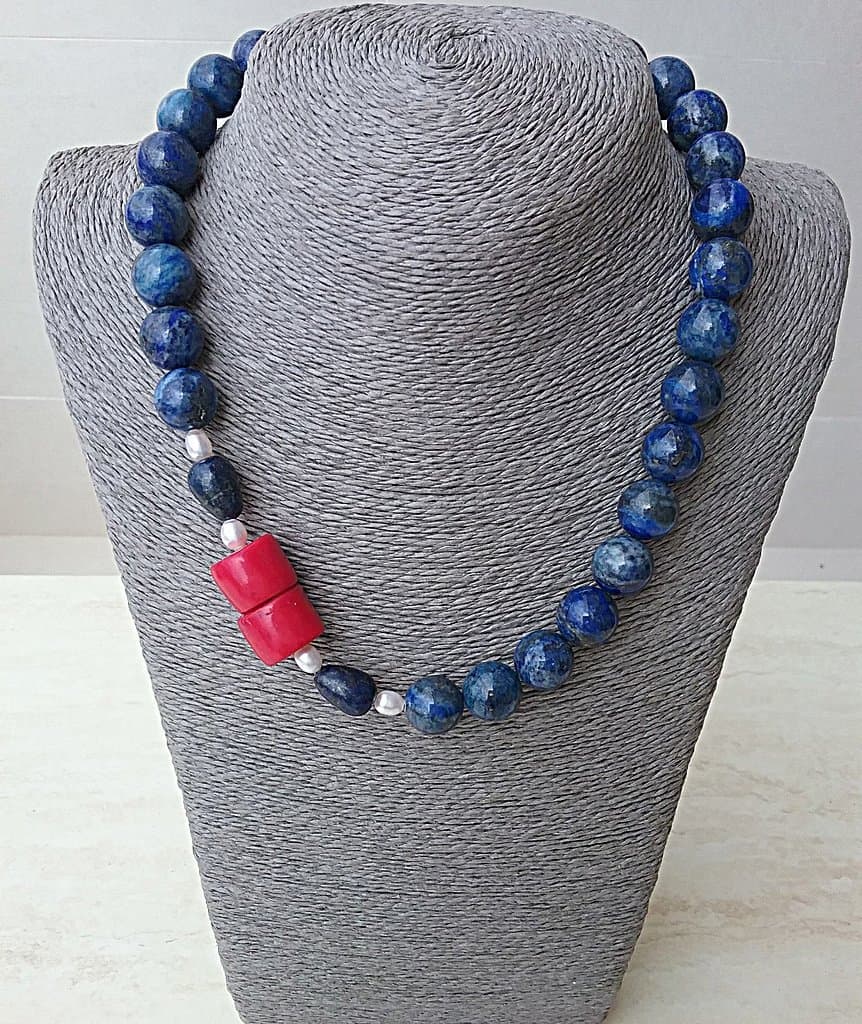 Lapis lazuli, red coral and freshwater pearl necklace