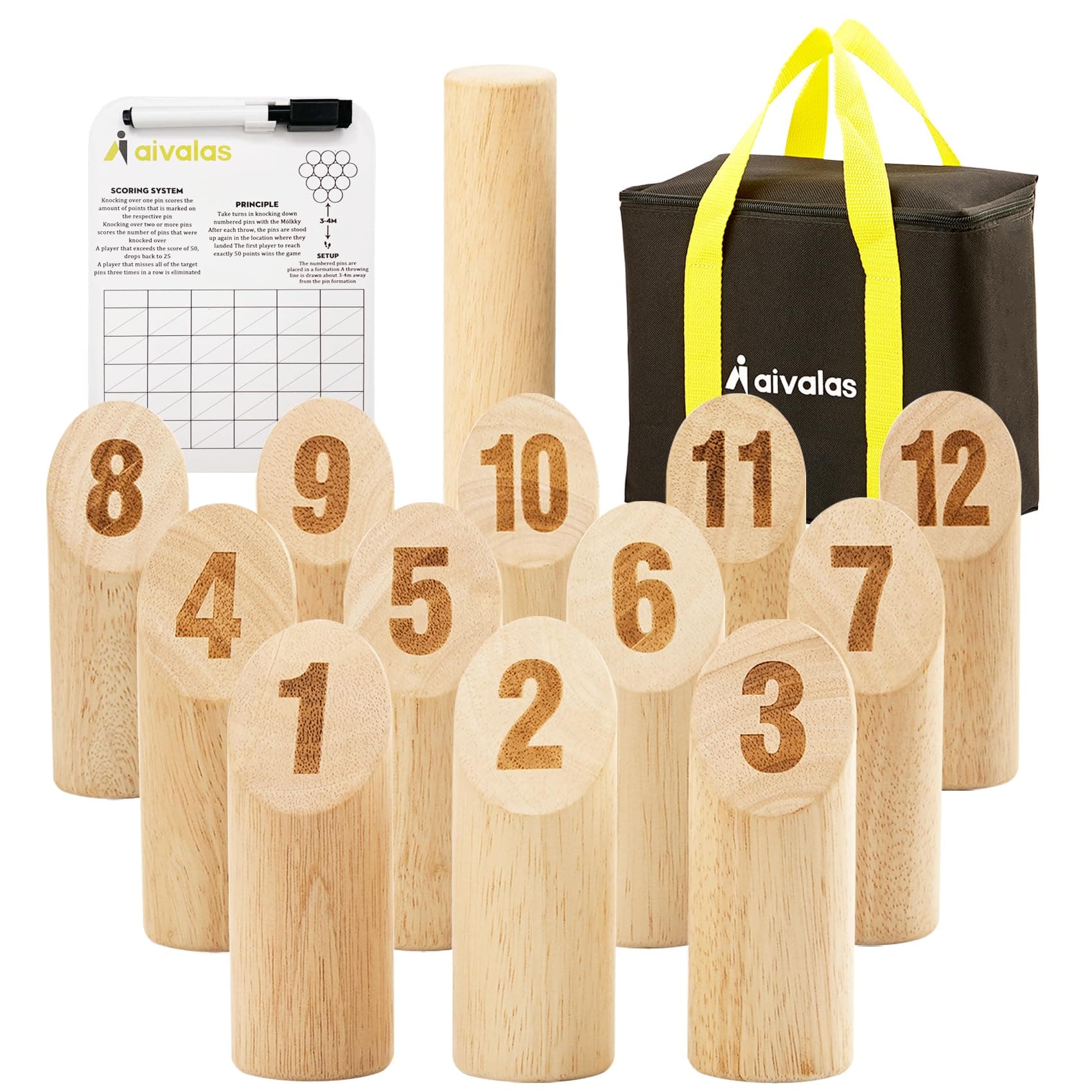 Wooden Numbered Block Tossing Game Set, Throwing Bowling Game with 12 PCS Numbered Pins | Throwing Dowel | Scoreboard | Carrying Bag, Outdoor Lawn Game for All Age