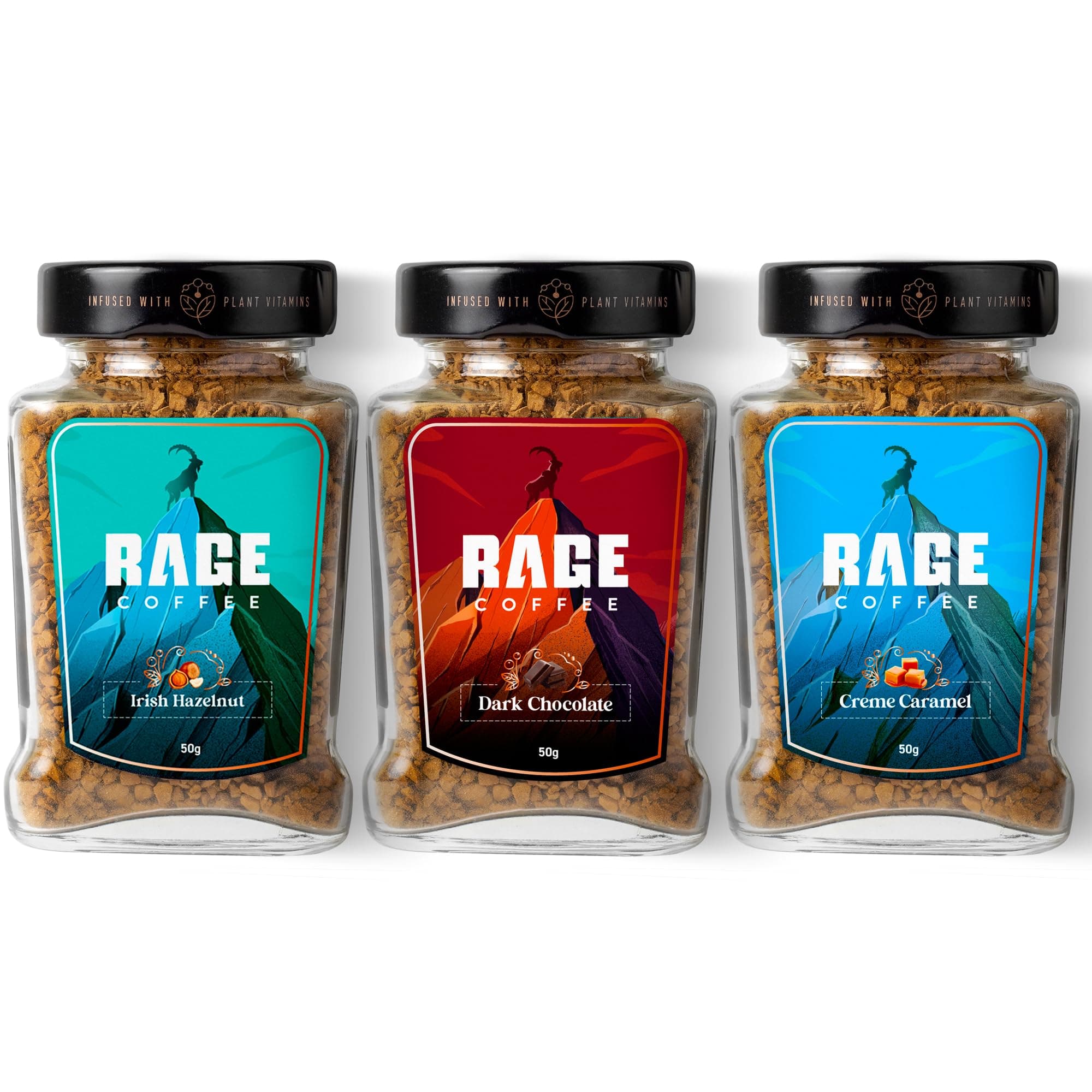 Rage Coffee Combo Pack of 3 - Irish Hazelnut & Dark Chocolate & Creme Caramel Flavoured Ground Coffee 50 Gms Each, Glass Bottle