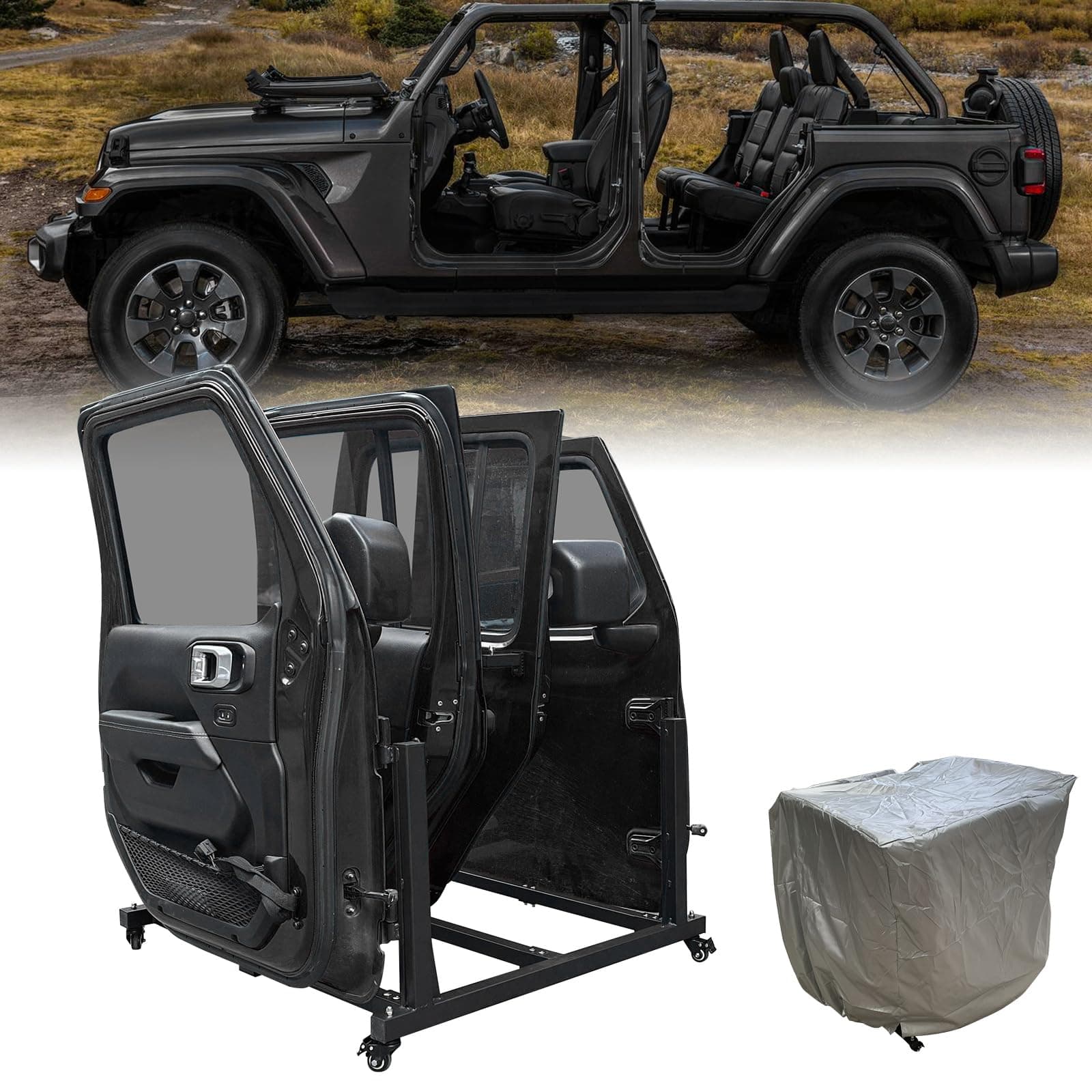 SUNPIE Sliding Door Storage Hanger Rack with Dust Cover Movable Car Door Holder Cart Compatible with 2007-2025 Wrangler JK JKU JL Gladiator