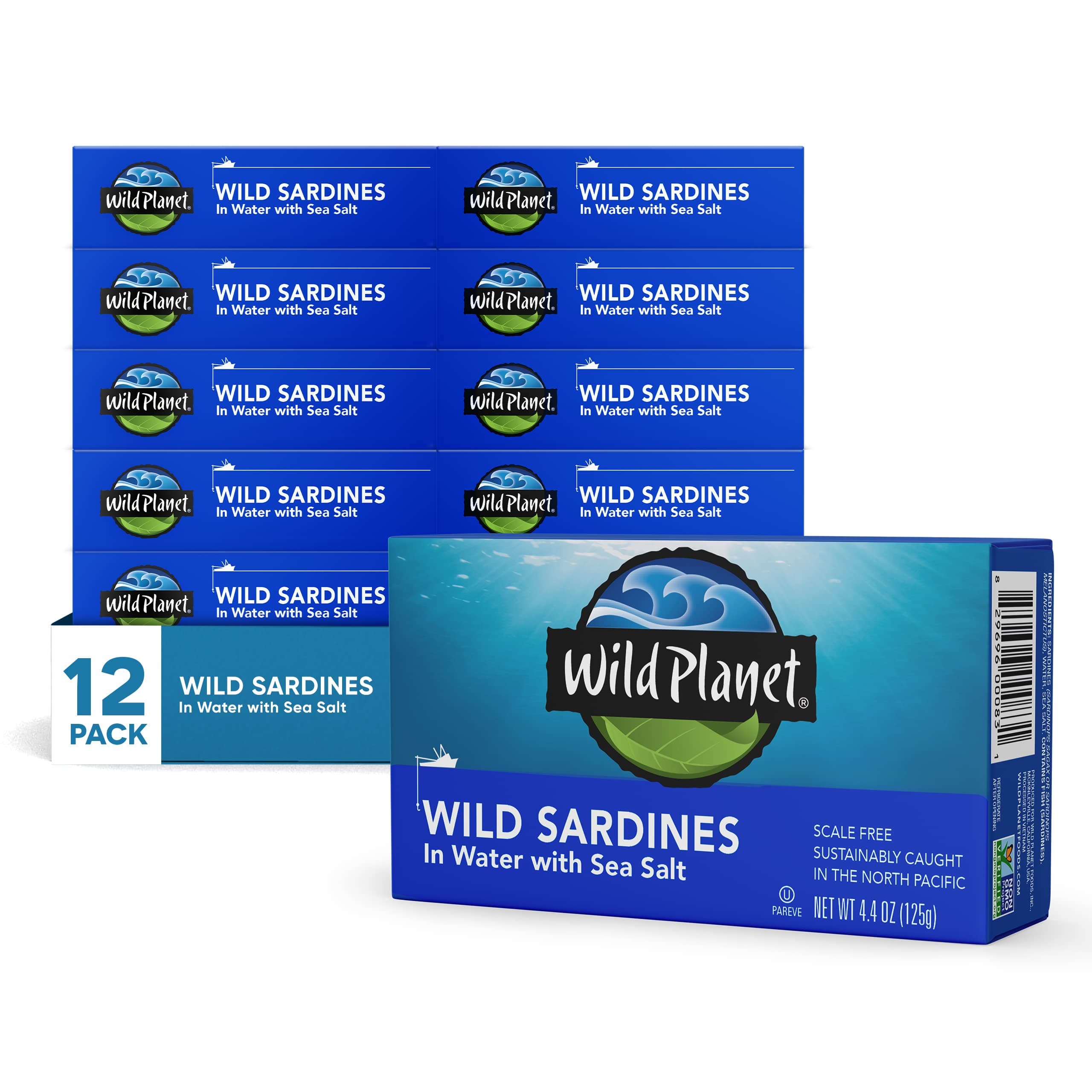 Wild Sardines in Water with Sea Salt, Tinned Fish, Non-GMO, Sustainable 4.4 Ounce (Pack of 12)